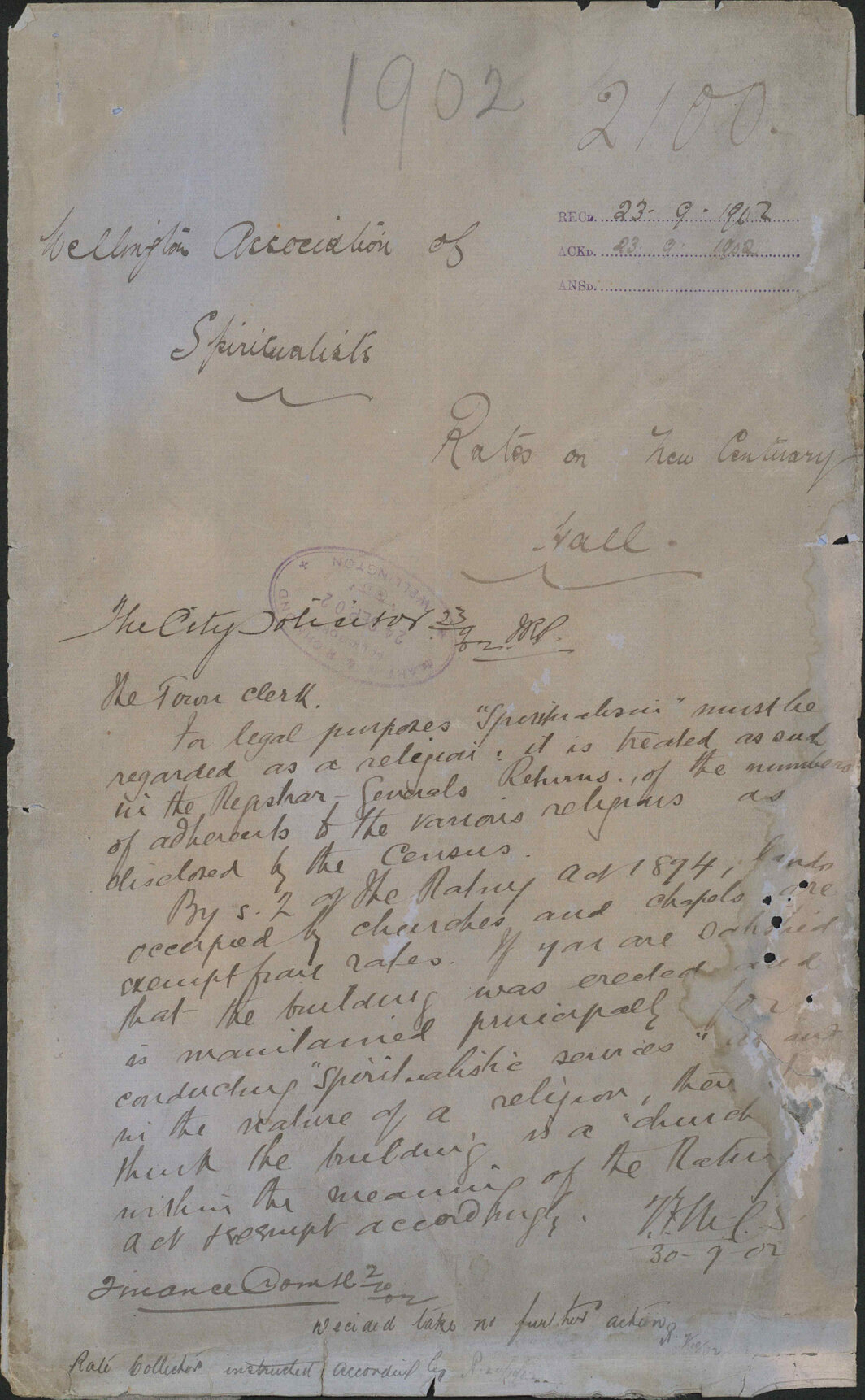 Rates on new cemetery, Wellington Association of Spiritualists