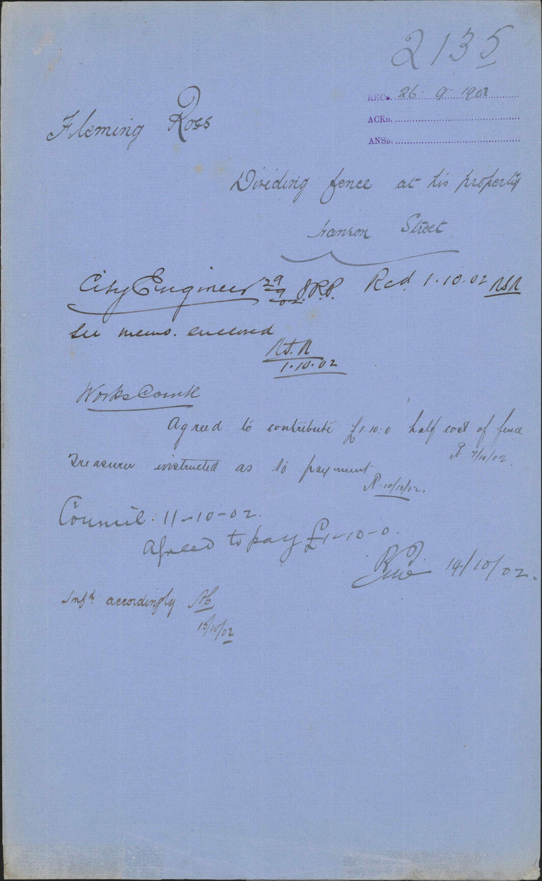 Dividing fence at his property Hanson Street, Fleming Ross