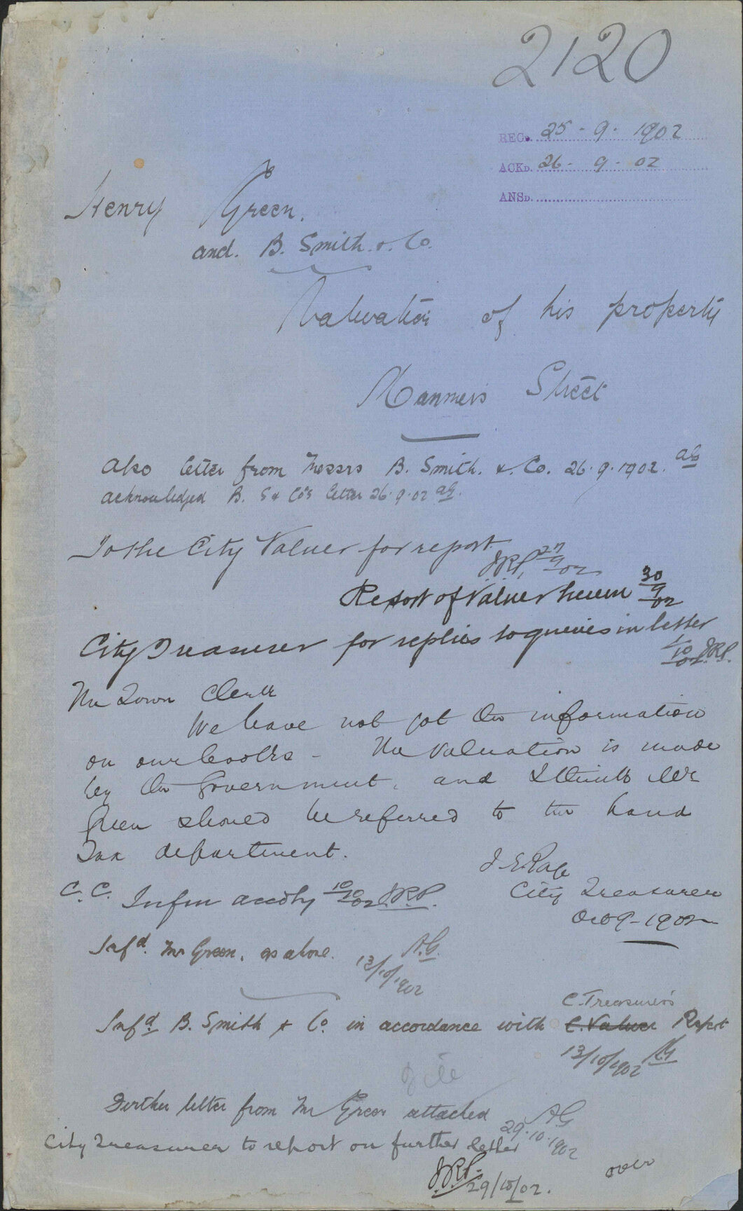 Valuation of his property Manners Street, Henry Green and B Smith and Co.