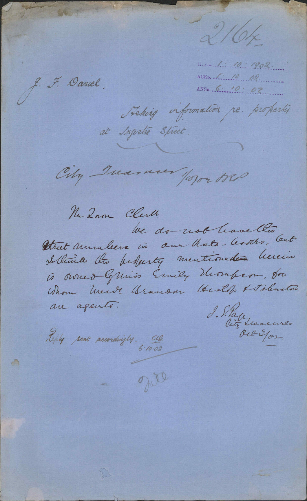 Asking for information re property at Ingestre Street, J F Daniel