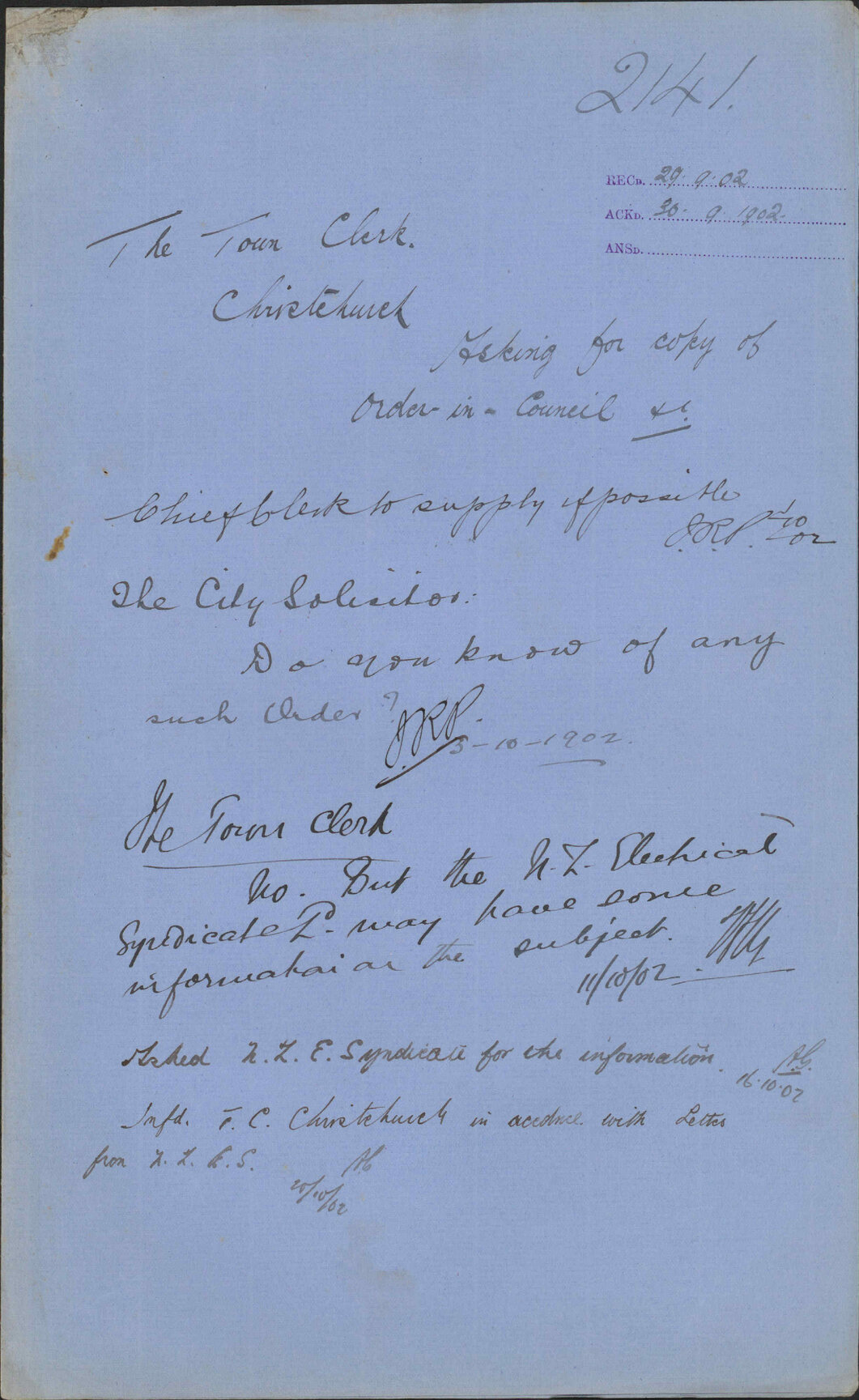Asking for copy of order in Council, Town Clerk Christchurch