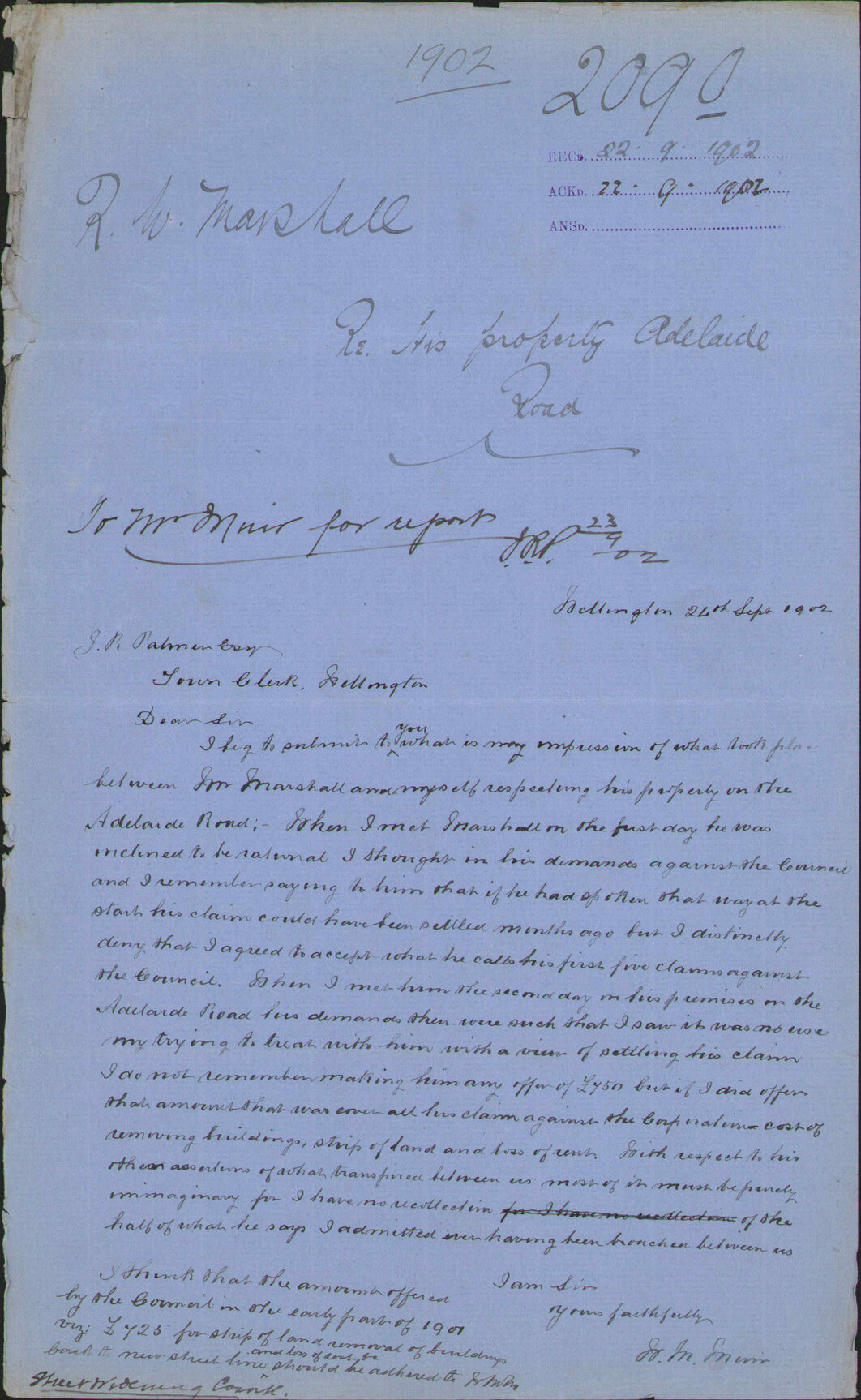 Re his property at Adelaide Road, R W Marshall