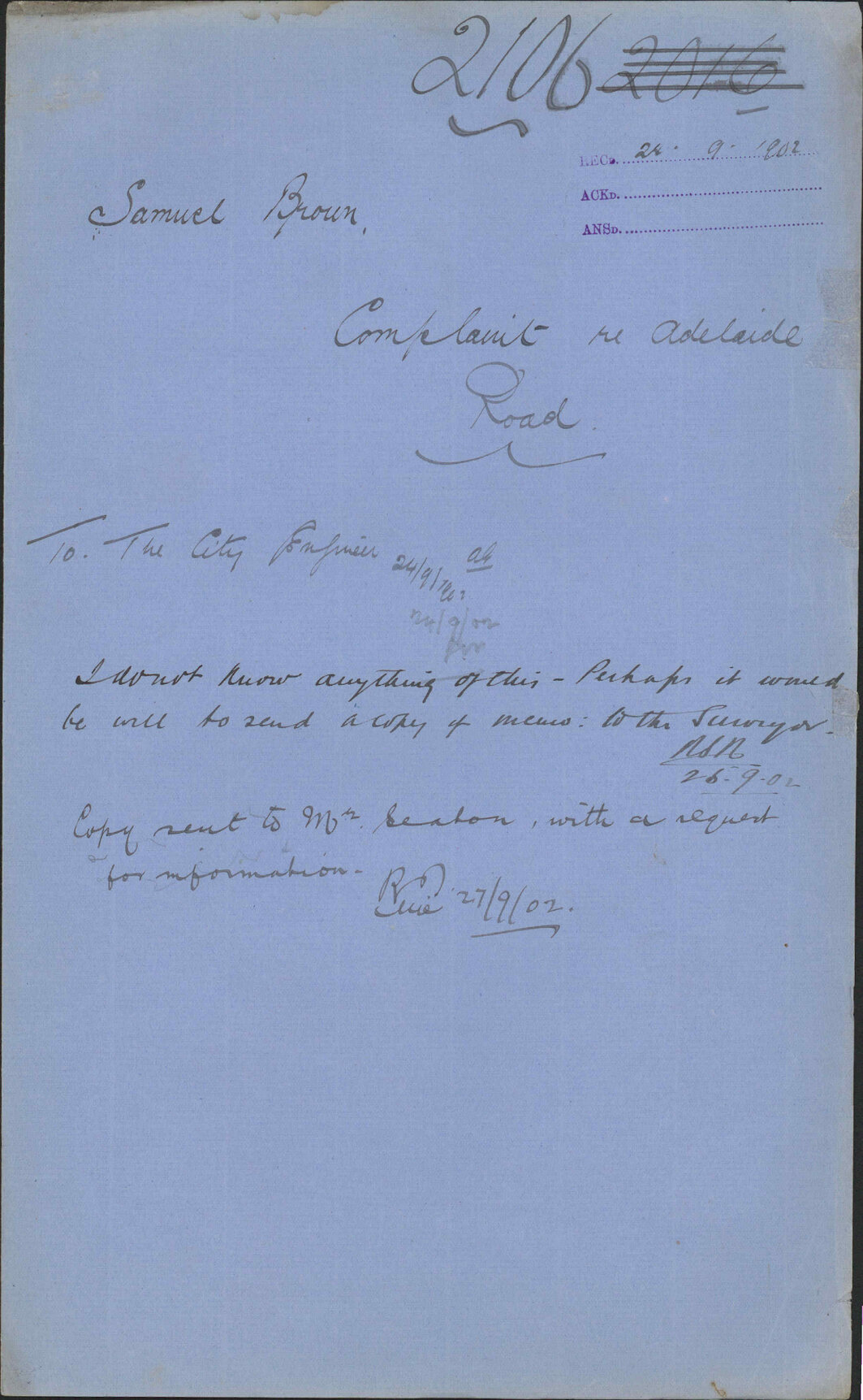 Complaint re Adelaide Road, Samuel Brown