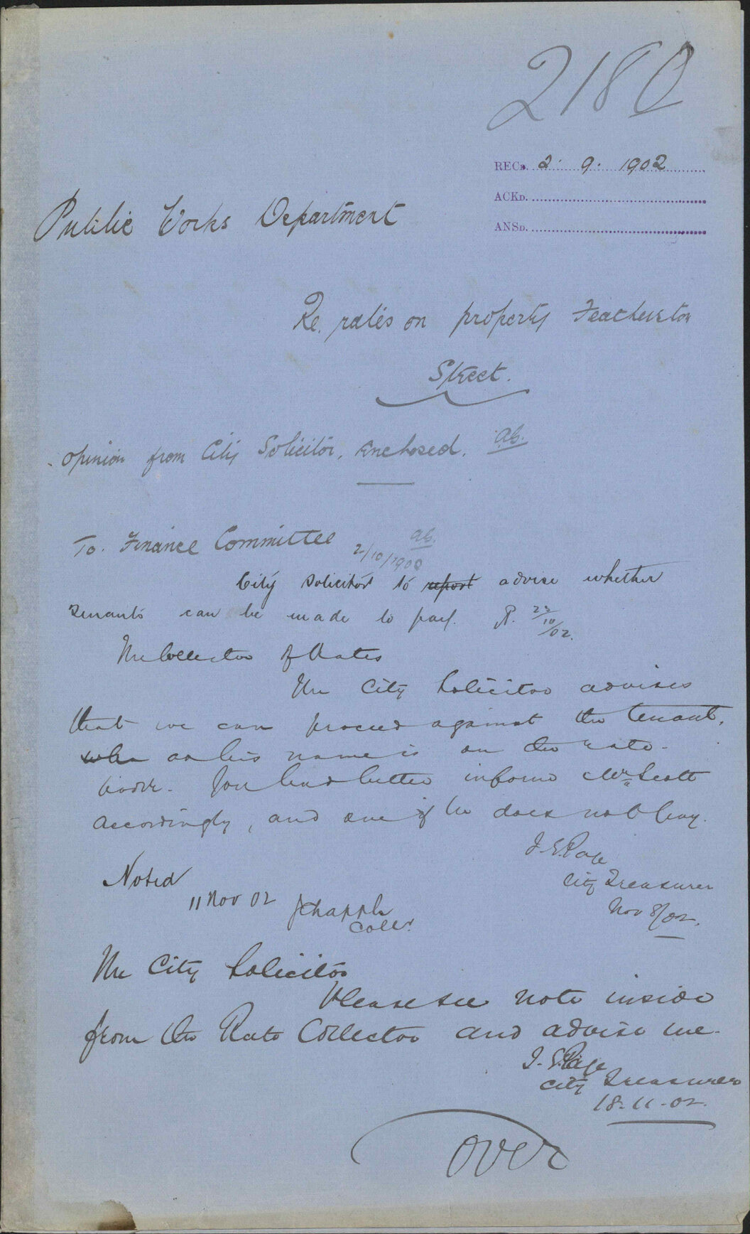 Re rates on property Featherston Street, Public Works Department
