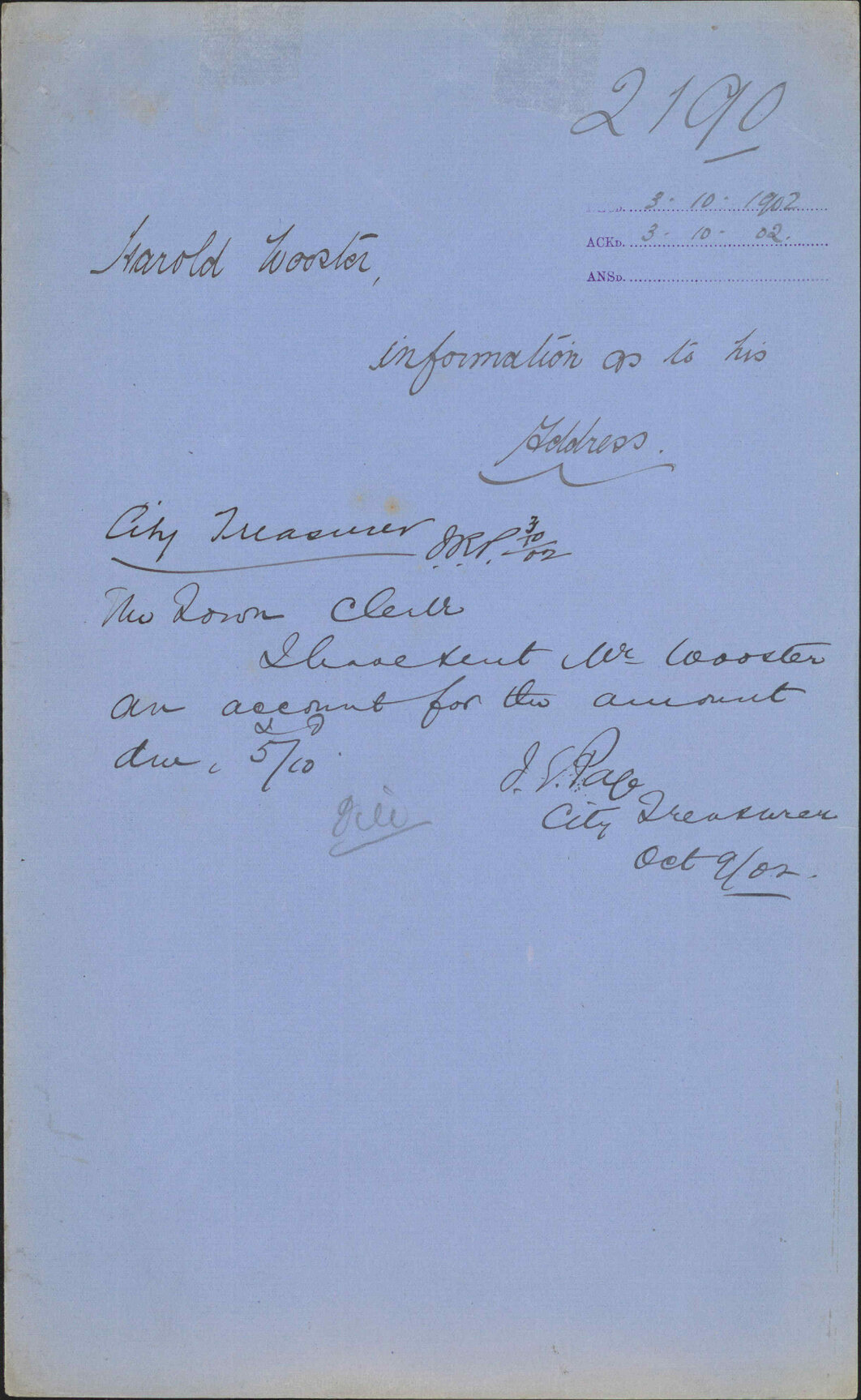 Information as to his address, Harold Wooster