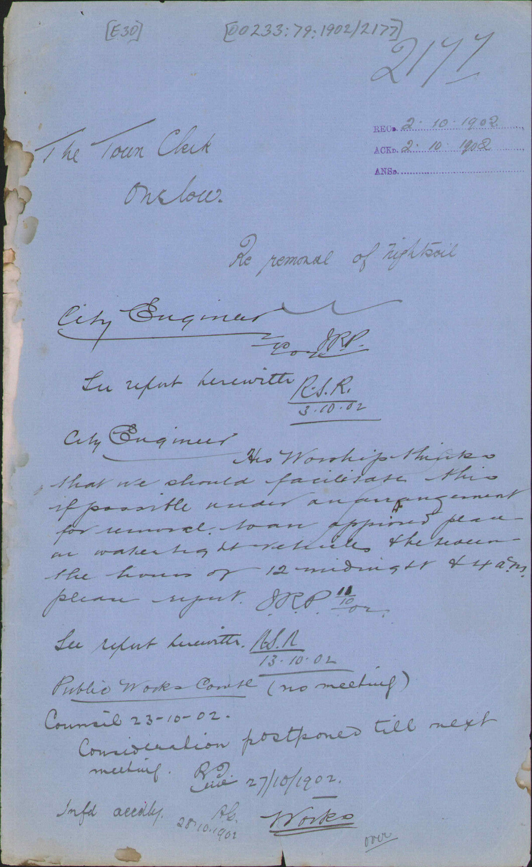 Re removal of night-soil, Town Clerk Onslow