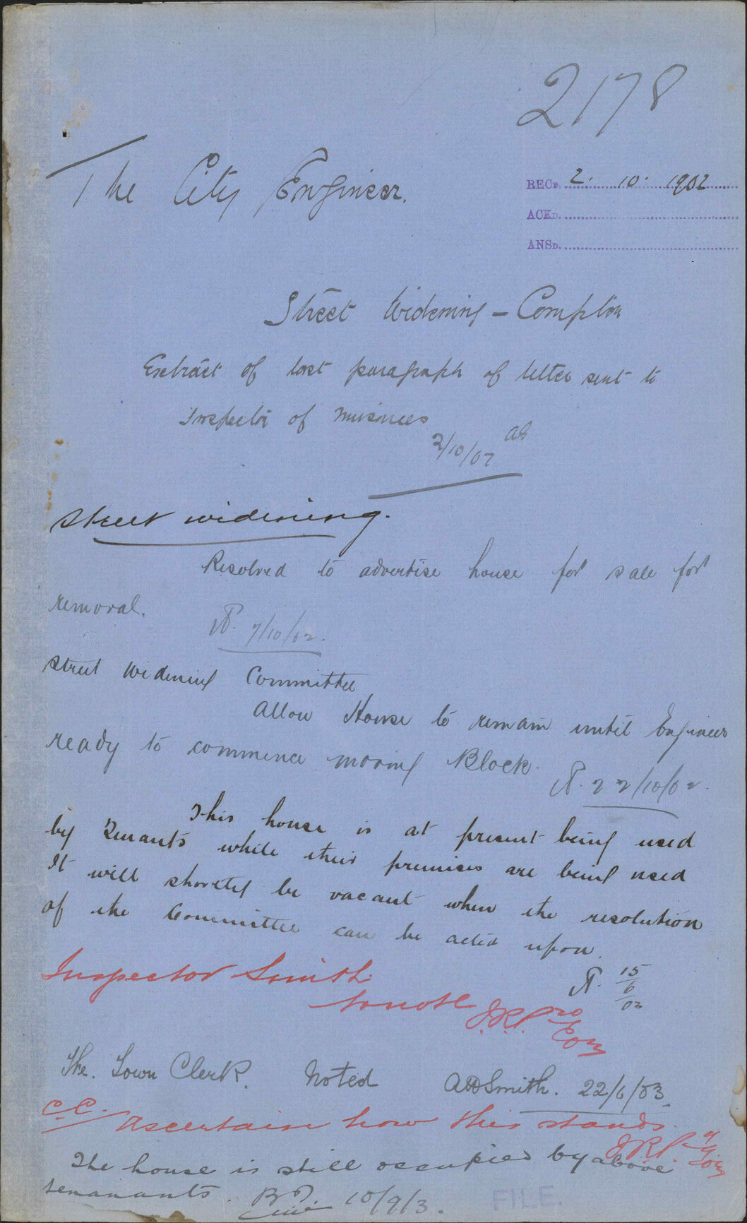 Street widening - complete extract of last paragraph of letter sent to Inspector of Nuisances, City Engineer