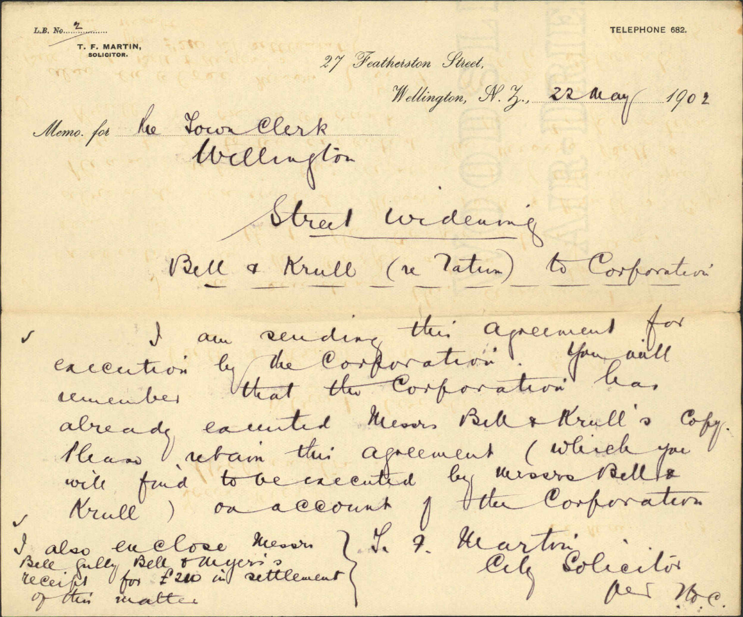 Street widening, Bill and Krull (RE: Tatum). To the Town Clerk from the City Solicitor