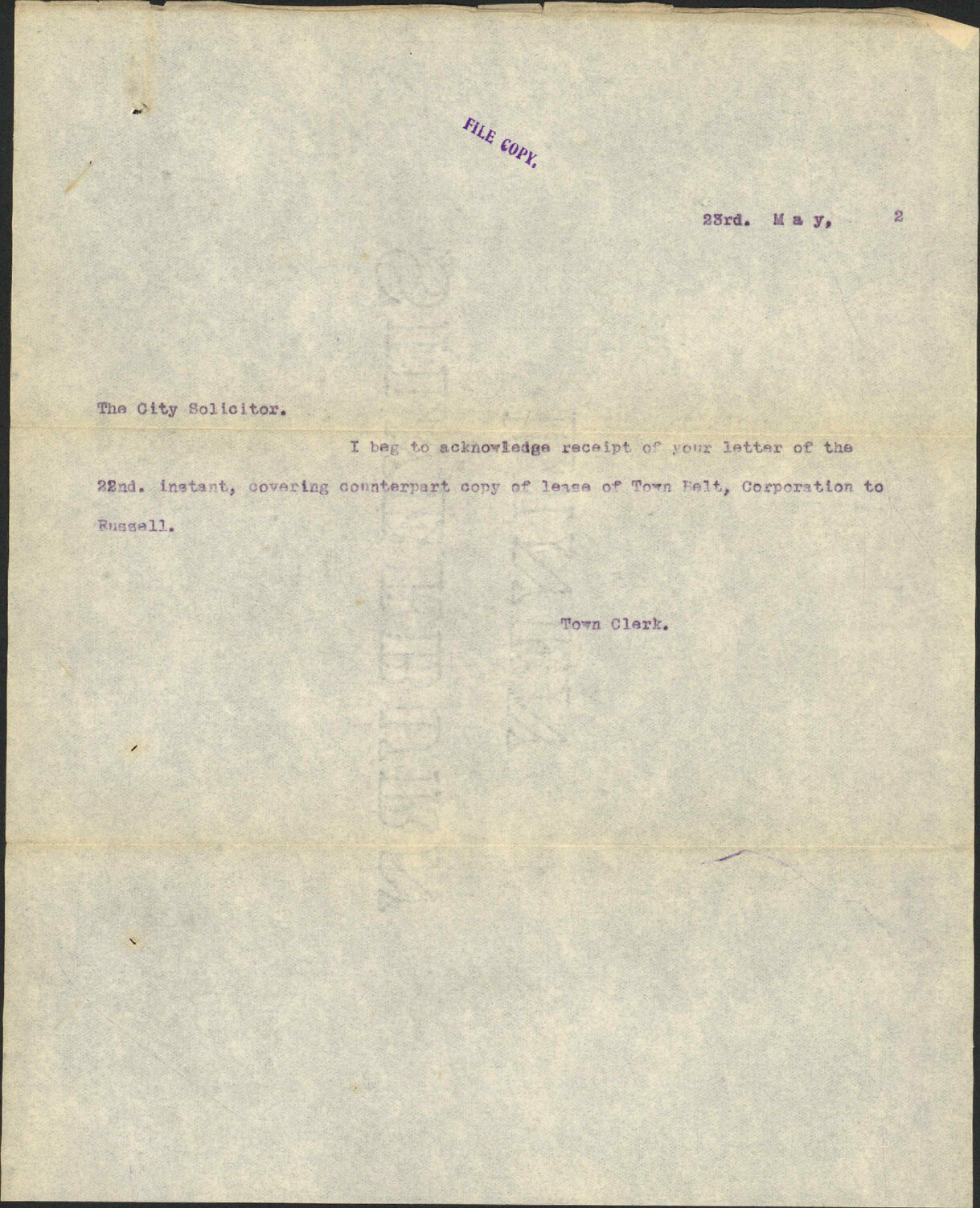 Town Belt Lease to Alexander Russell