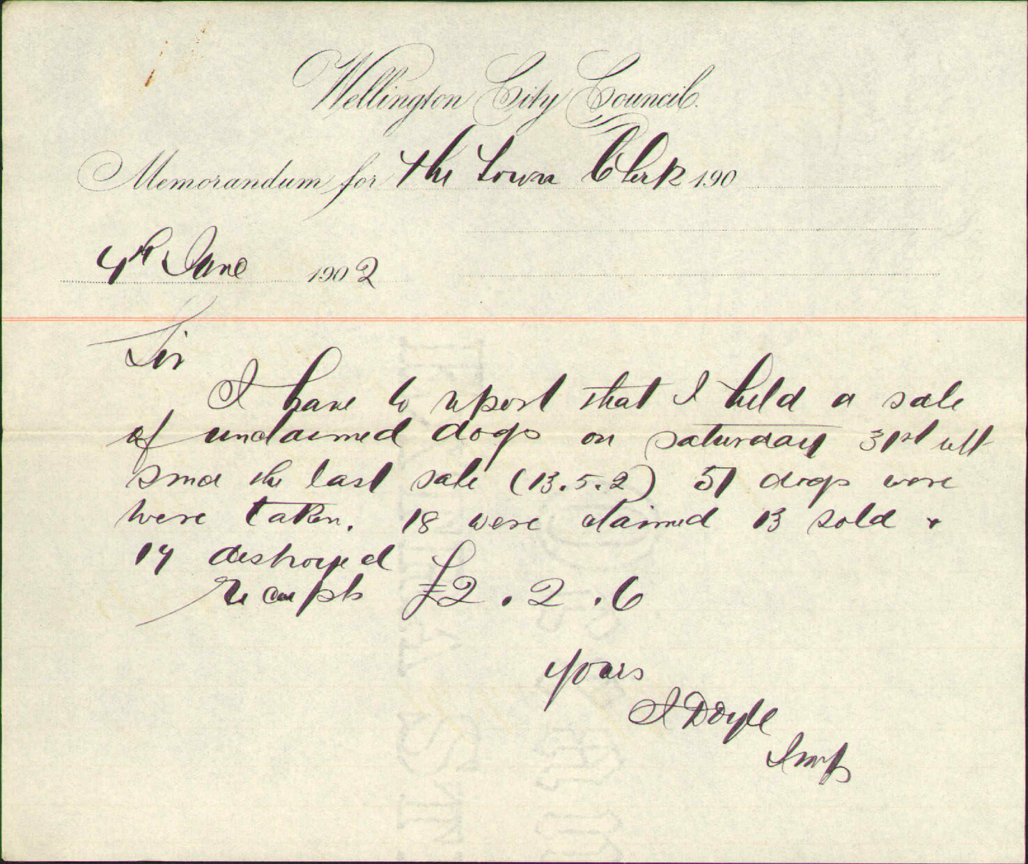 To the Town Clerk from the Inspector of Nuisances RE: sale of dogs