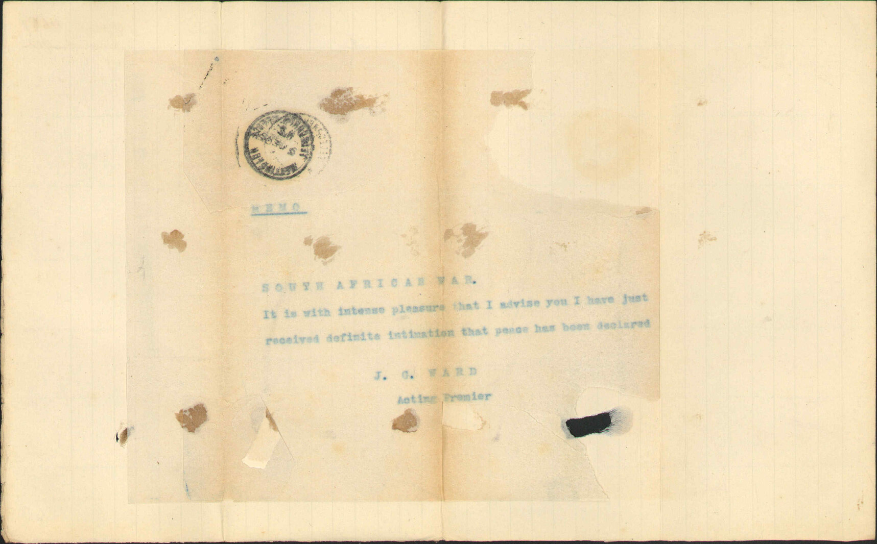 Peace declared in South African War. By J.G. Ward, acting Premier.