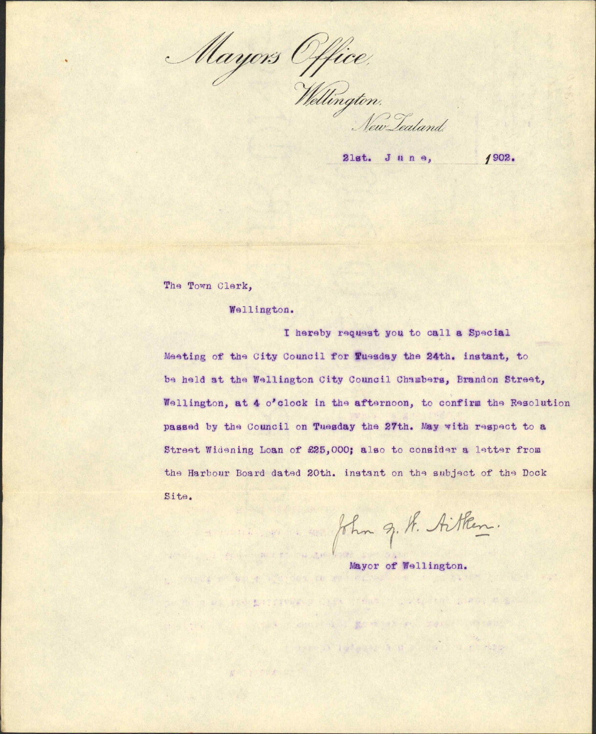 To the Town Clerk from the Mayor: requesting a special meeting
