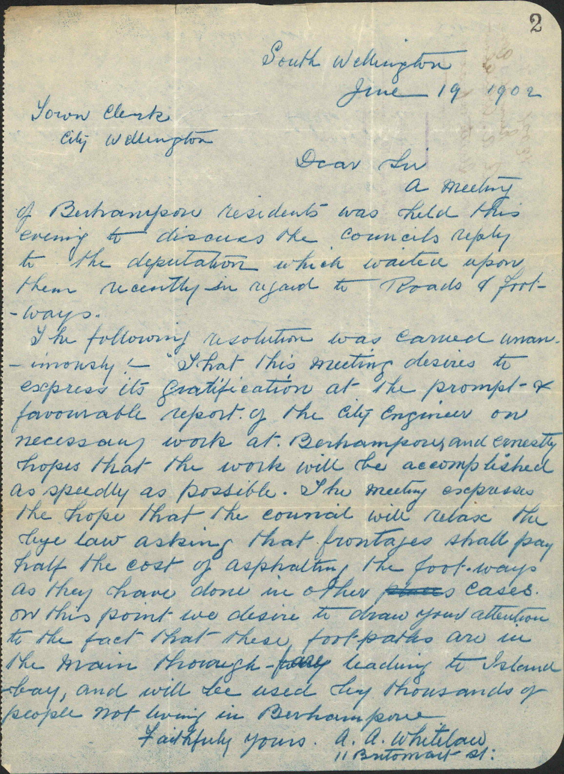 Street repairs, Berhampore, Town Clerk from A Whitelaw