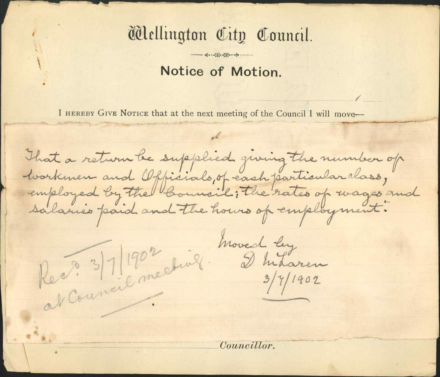 Notice of Motion RE: employees of the Corporation