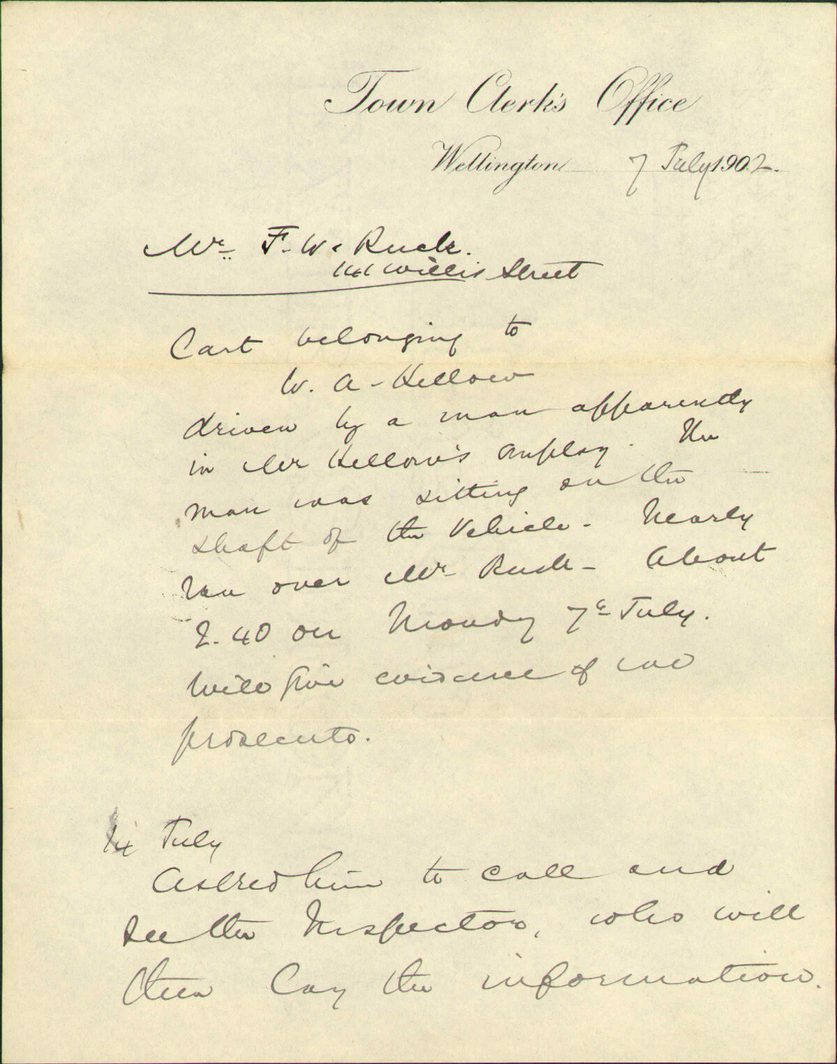 Complaint RE: driver of a cart. To F. Rucle (?)