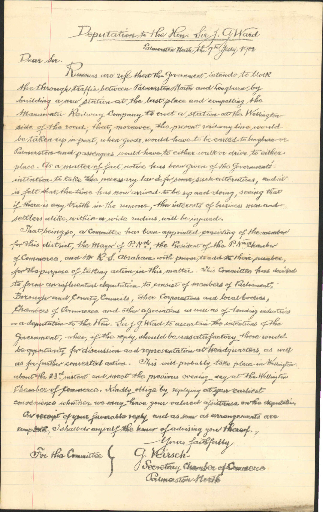 From the Chamber of Commerce, Palmerston North, to the Hon. Sir J. Ward. RE: Railway