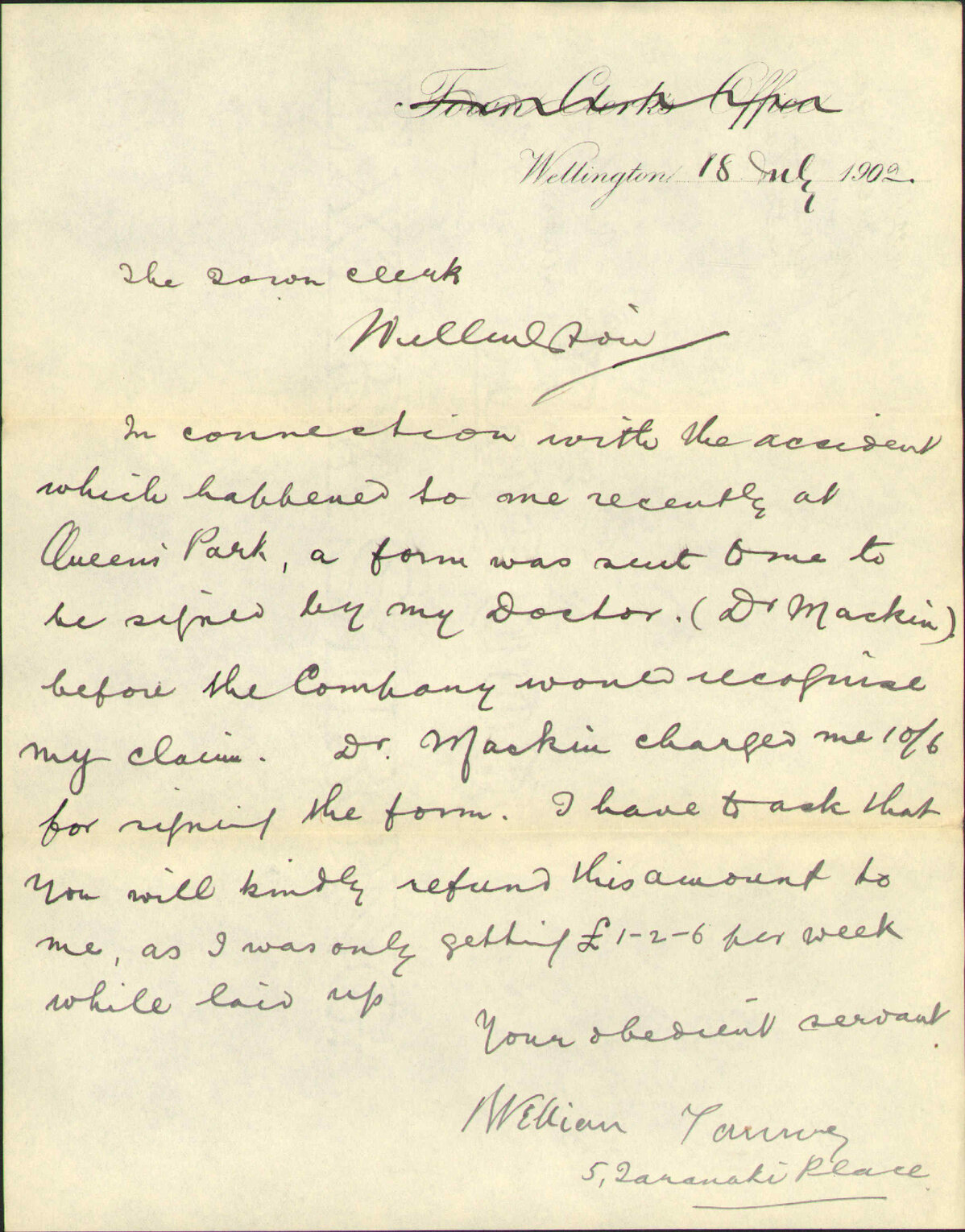 To the Town Clerk from William Tanner: Asking for payment of doctor's fee
