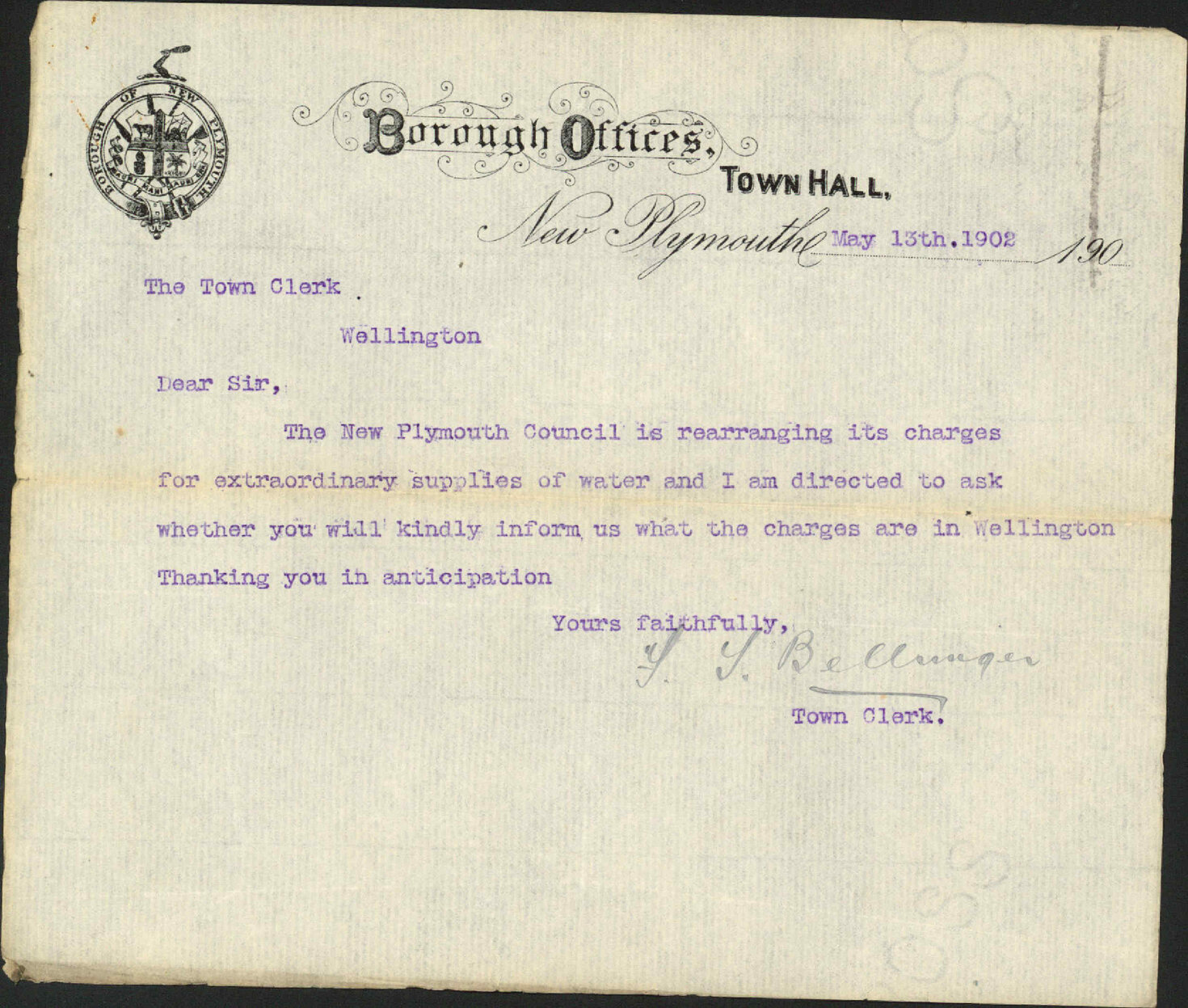 To the Town Clerk Wellington from the Town Clerk New Plymouth. Enquiry RE: charges of water supply
