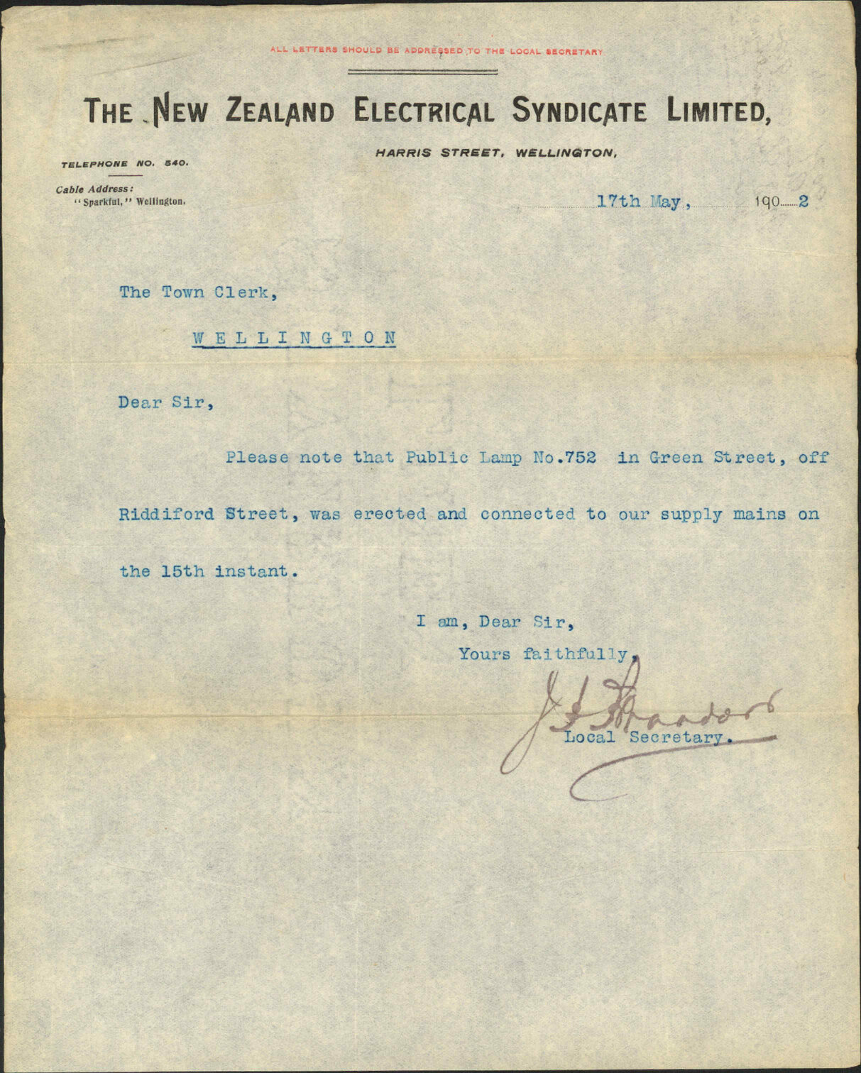 To the Town Clerk from the NZ Electrical Syndicate Ltd. New Lamp