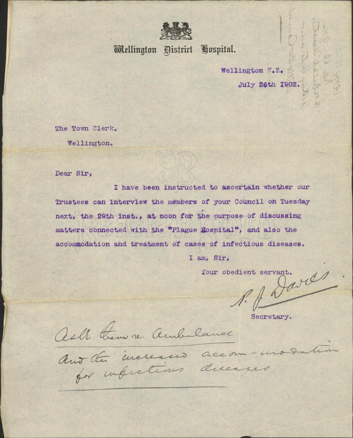 To the Town Clerk from Wellington District Hospital. Asking for interview with the Council RE: Plague Hospital