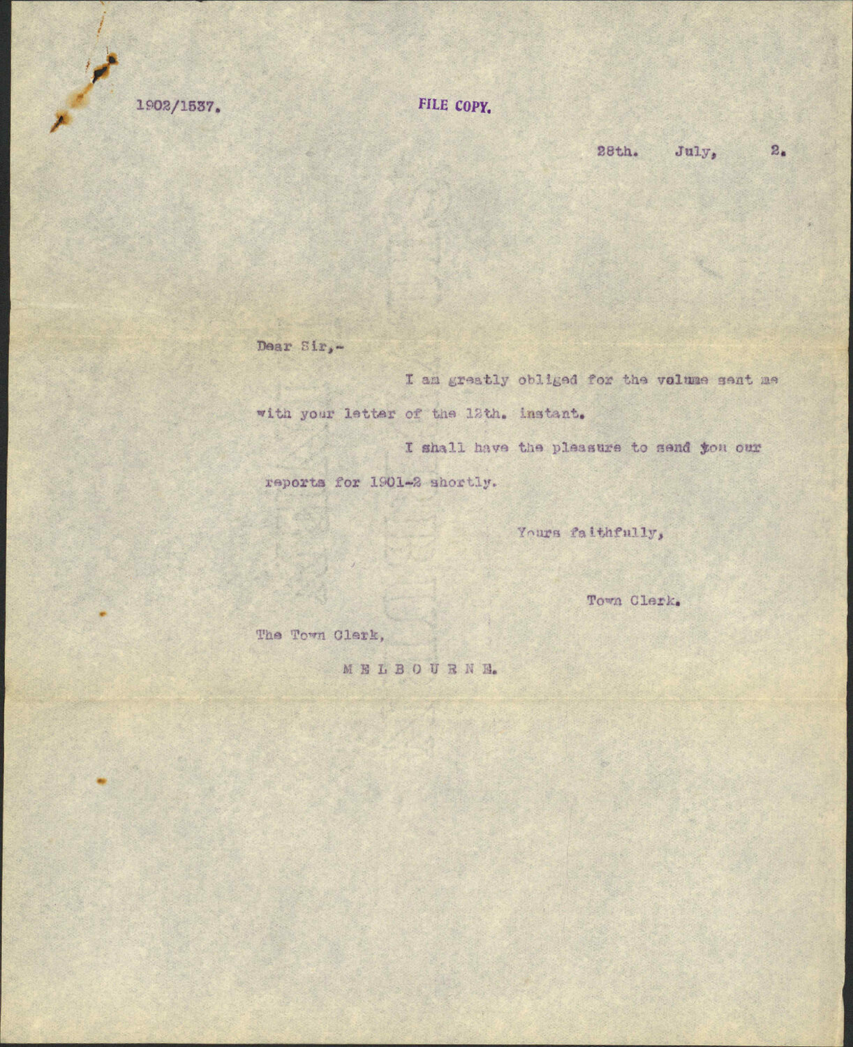 Reports being sent to the Melbourne Town Clerk