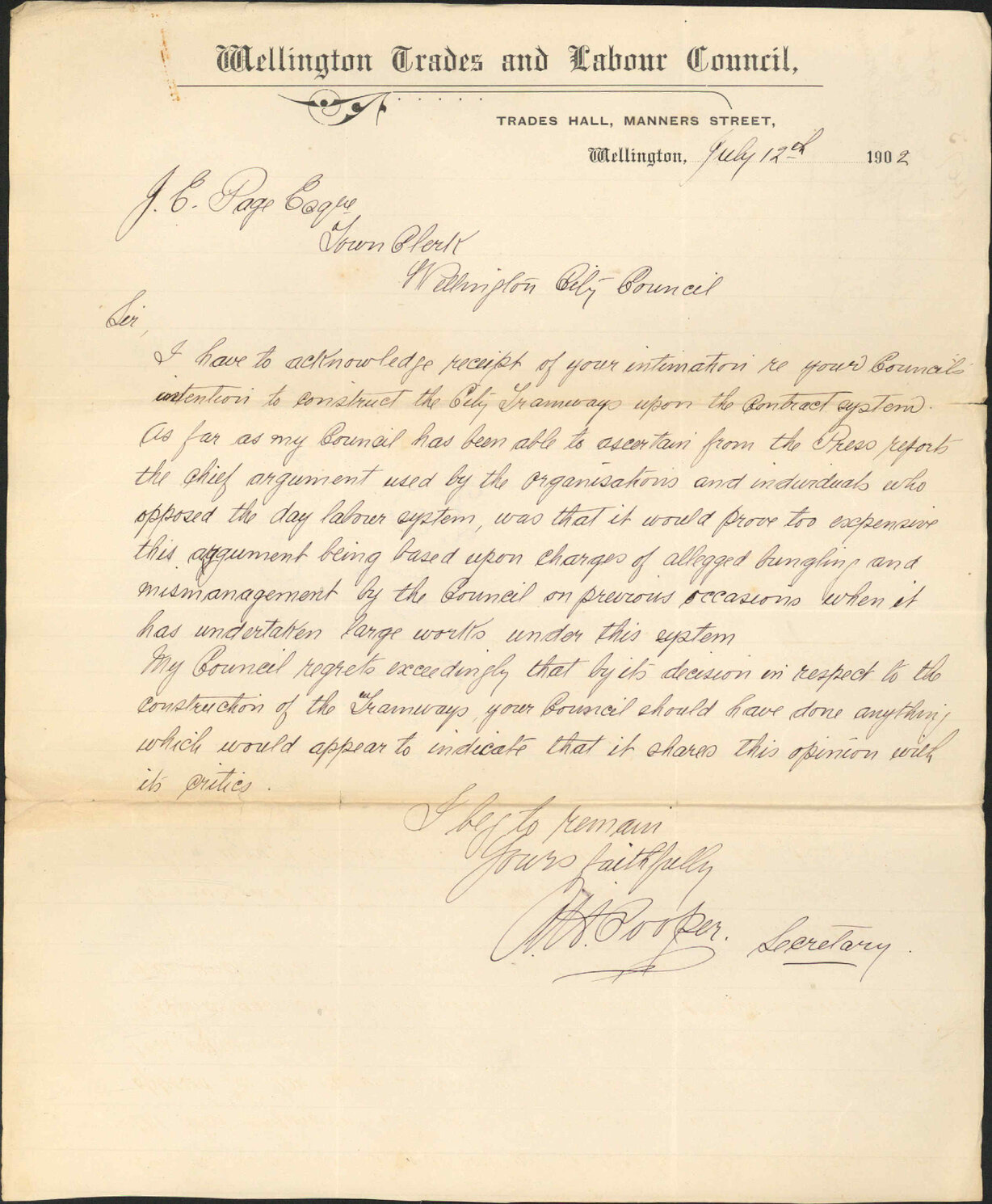 To the Town Clerk from Wellington Trades and Labour Council: Tramways
