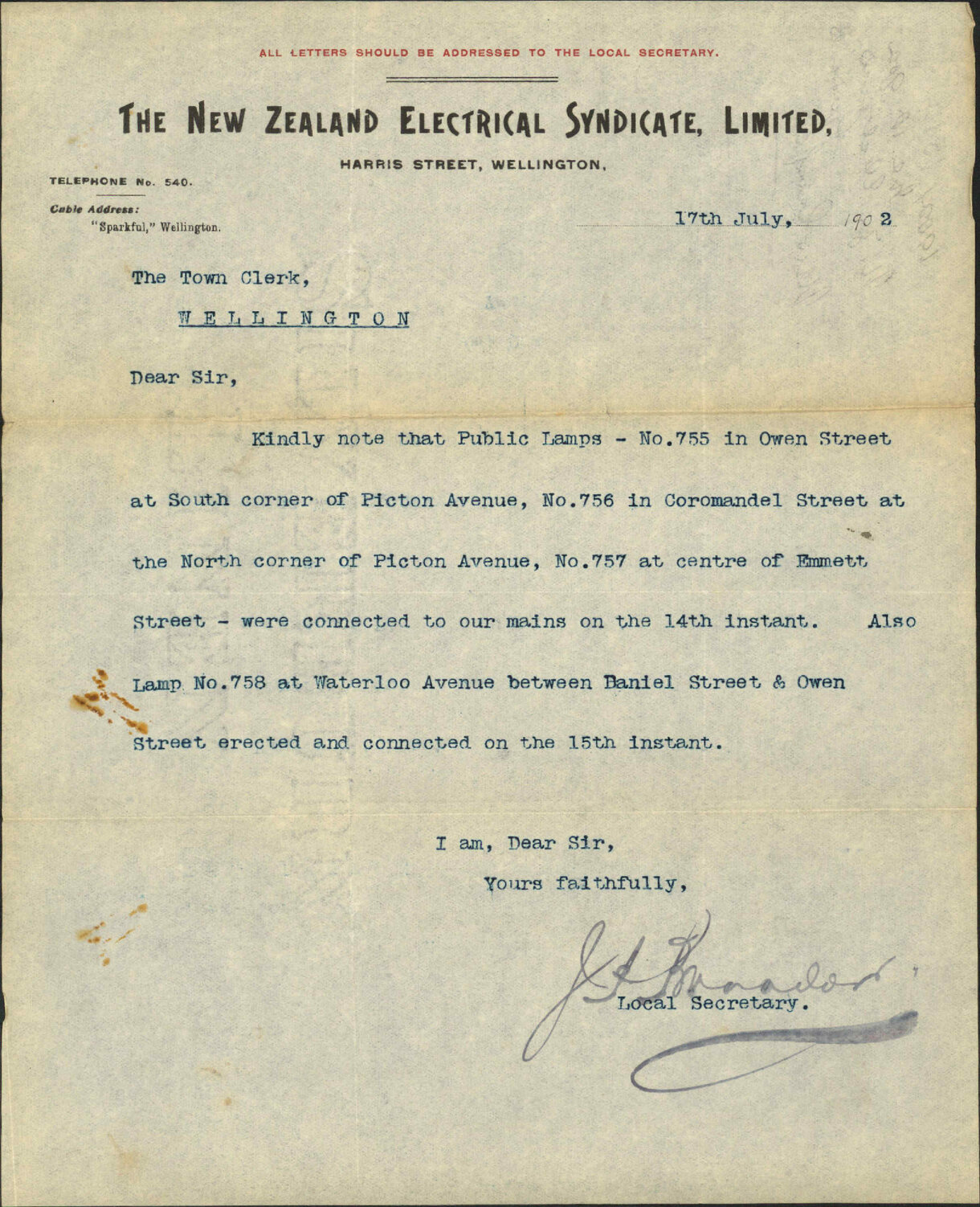 To the Town Clerk from the NZ Electrical Syndicate Ltd. Lamps in Owen St, Picton Ave, Coromandel St and Emmett St.
