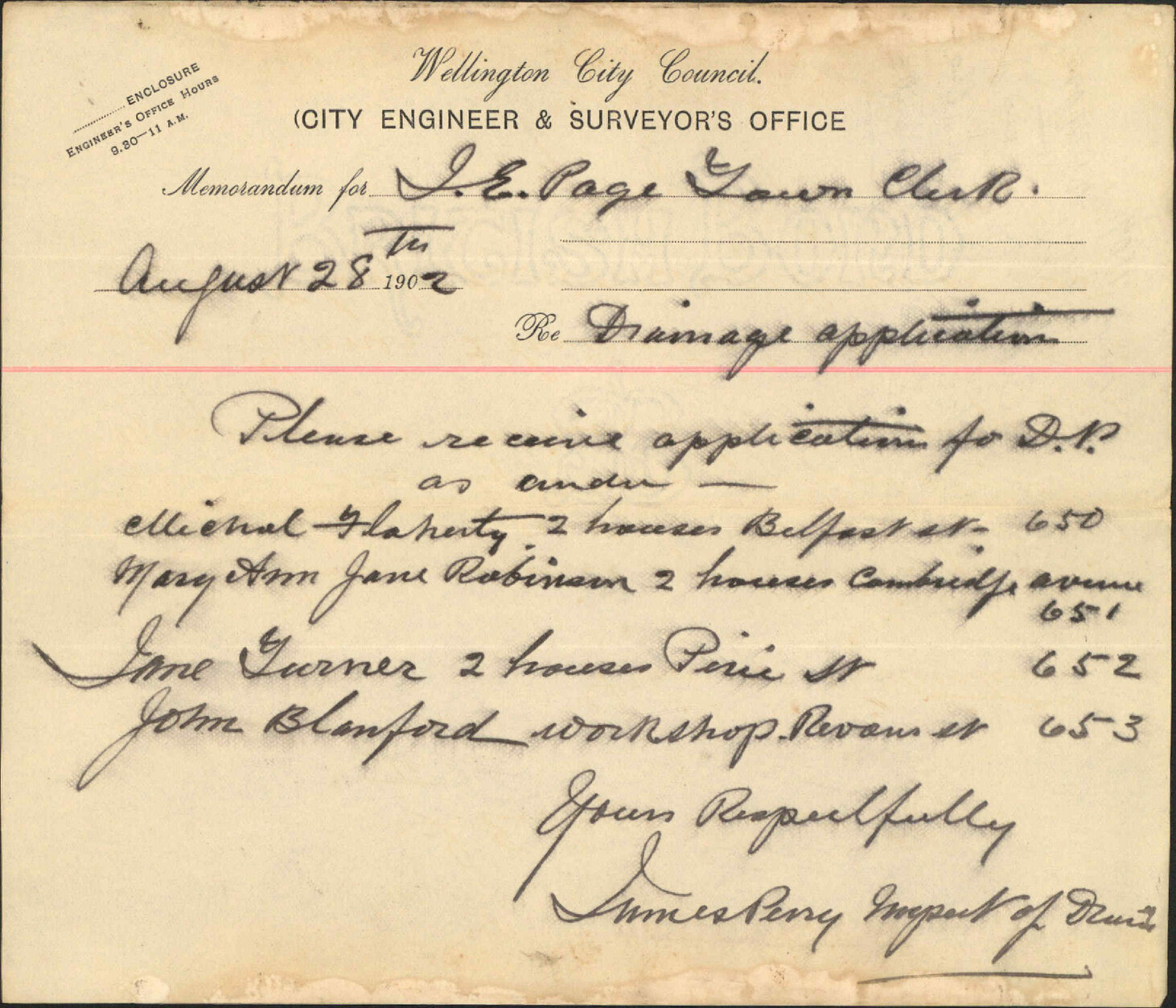 To the Town Clerk from the Inspector of Drains: Deferred payment application