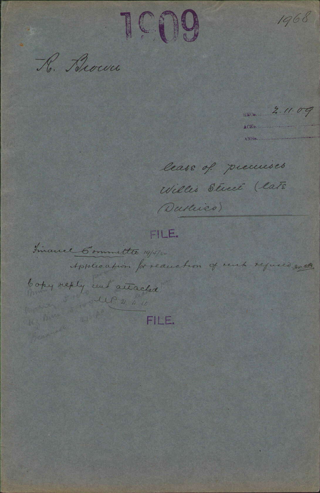 Lease of premises, Willis Street (late Duthie's) - R Brown