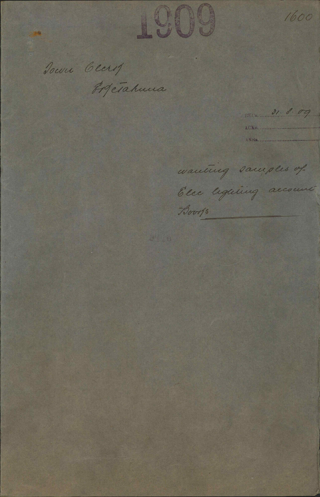 Wanting samples of electric lighting account books - Town Clerk, Eketahuna