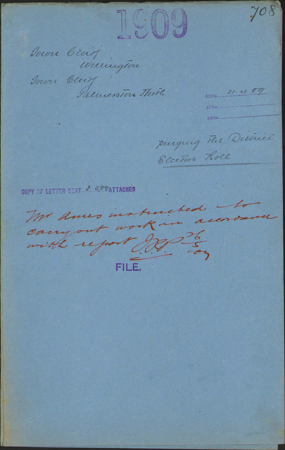 Purging the District Electors Roll - Town Clerk, Wellington; Town Clerk, Palmerston North