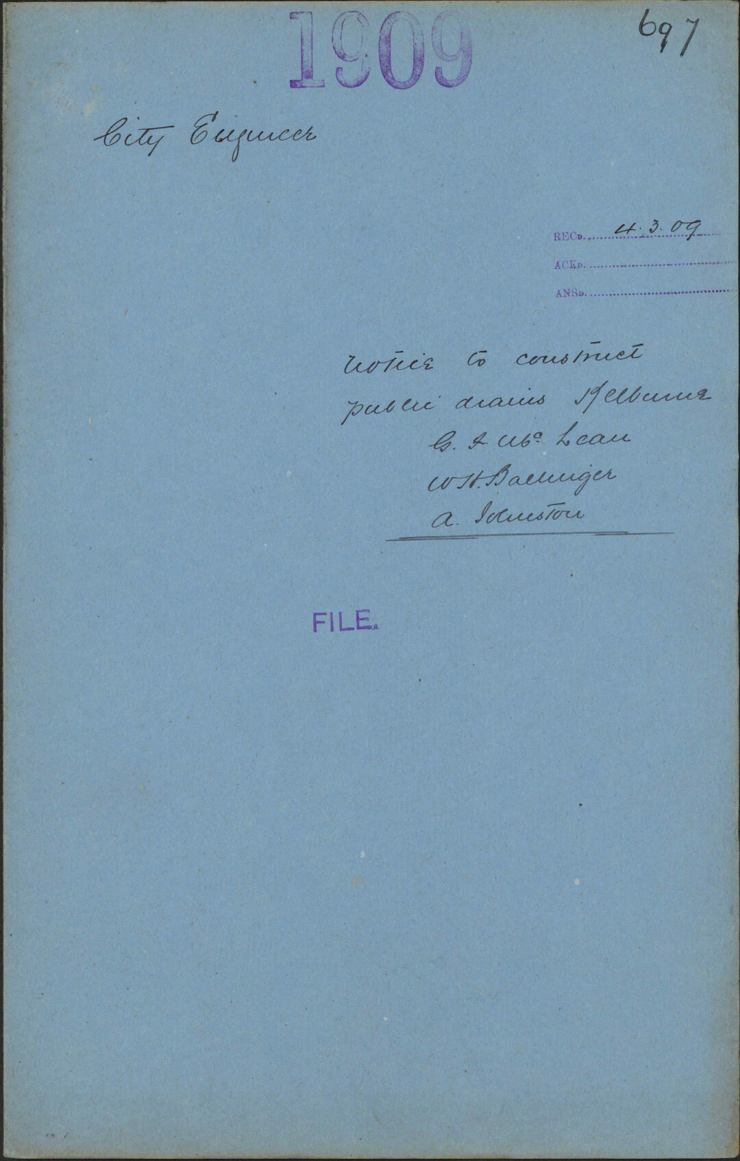 Notice to construct public drains, Kelburne, G F McLean, W H Ballinger, A Johnston - City Engineer