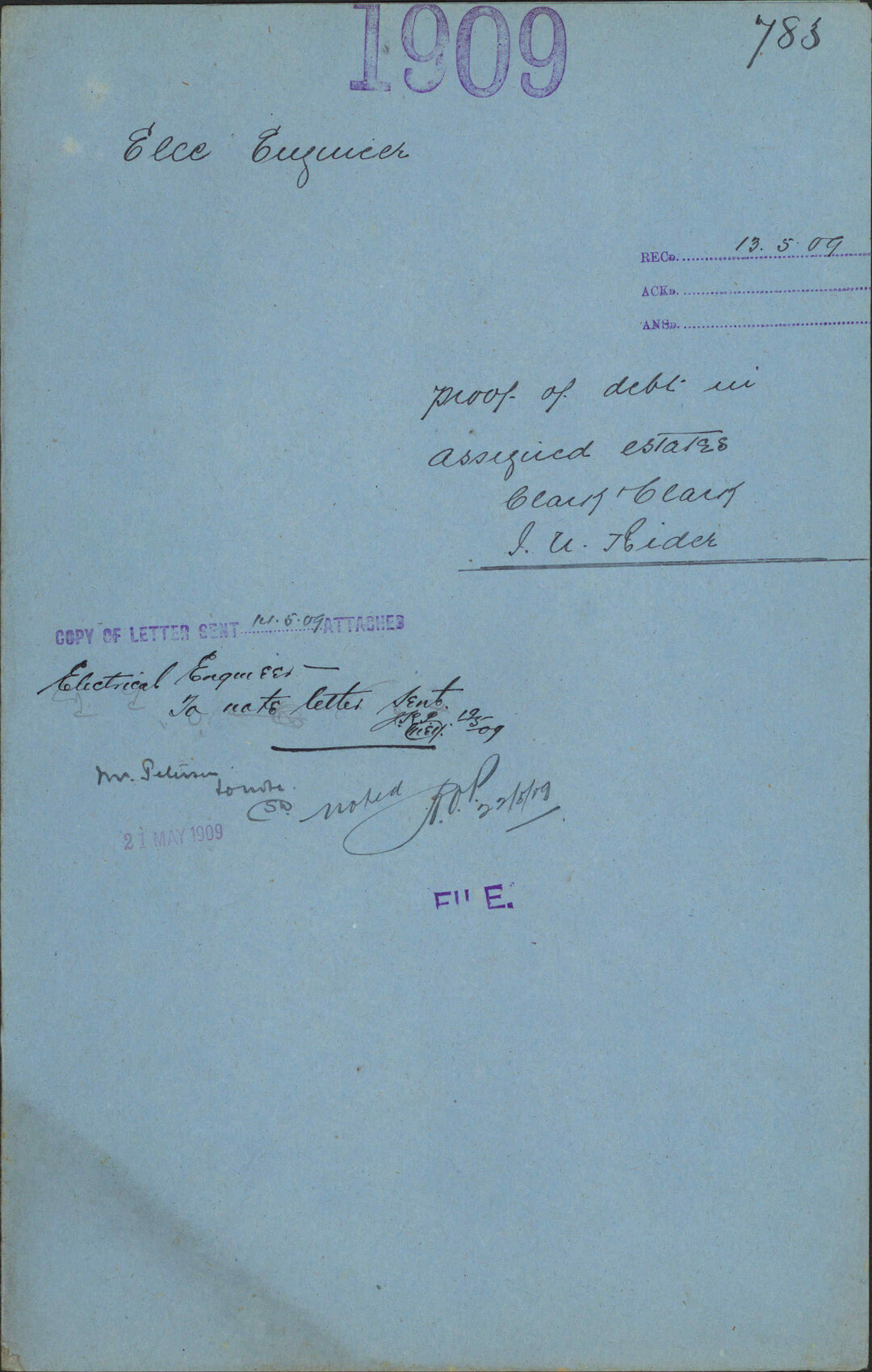 Proof of debt in assigned estates, Clark and Clark, J N Rider - Electrical Engineer