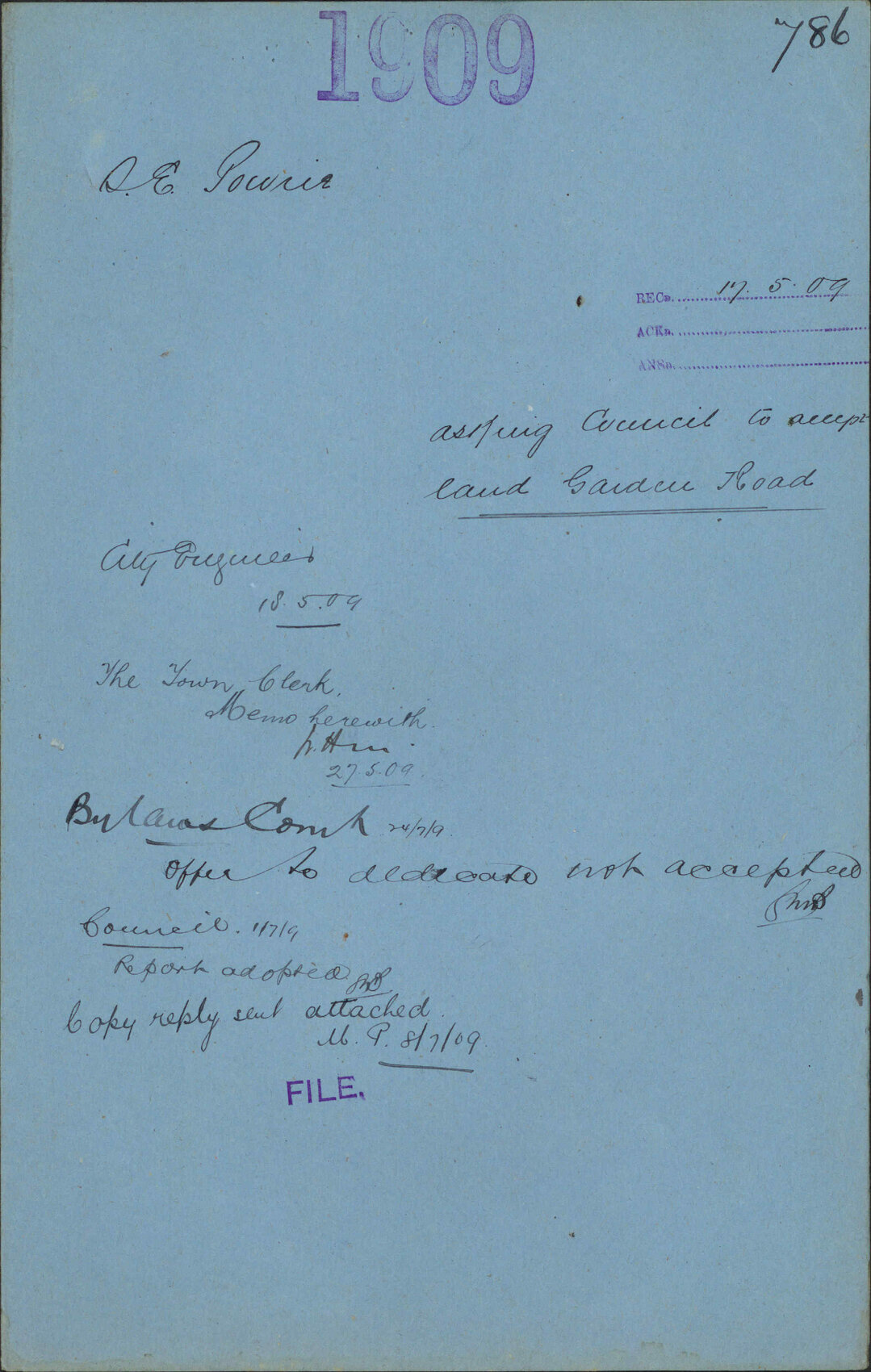 Asking Council to accept land, Garden Road - S E Powrie