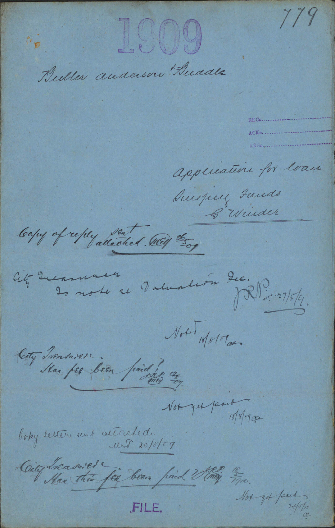 Application for loan, Sinking Funds, G Winder - Buller Anderson and Buddle