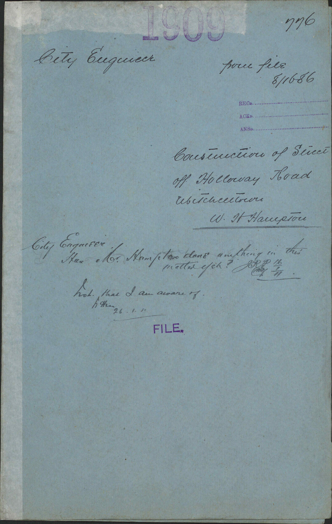 Construction of street off Holloway Road, Mitchelltown, W H Hampton - City Engineer