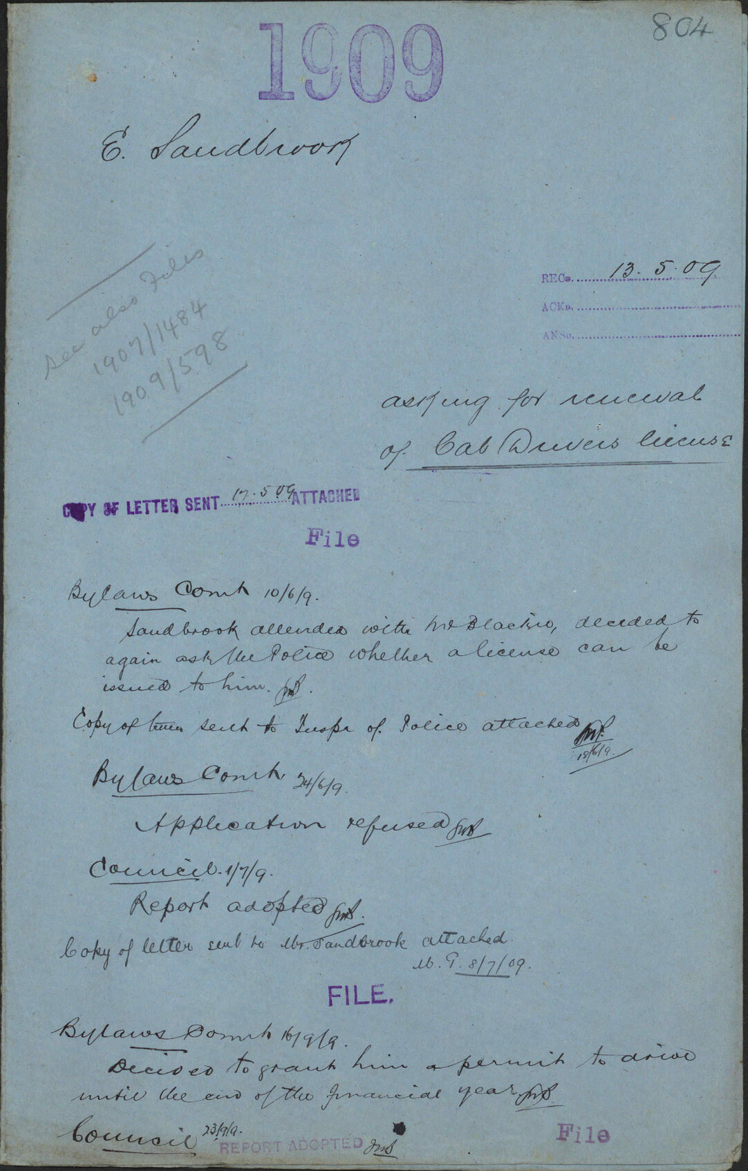 Asking for renewal of Cab Drivers license - Edwin Sandbrook