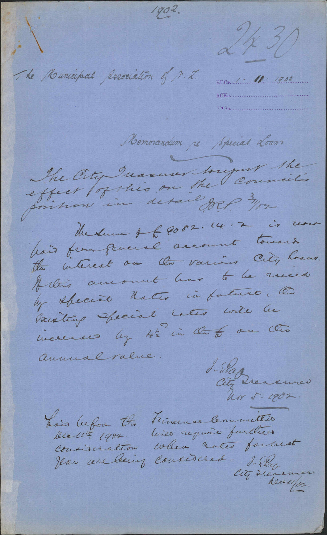 Memorandum re special loans, Municipal Association of NZ