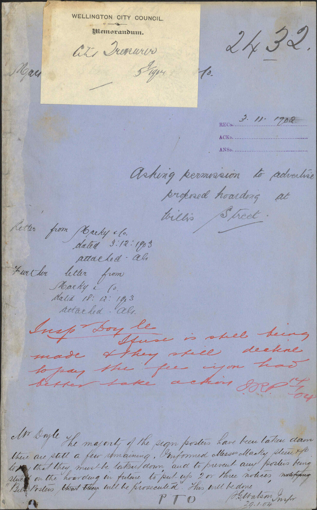 Asking permission to advertise proposed hoarding at Willis Street, Macky Steen Caldwell and Co.