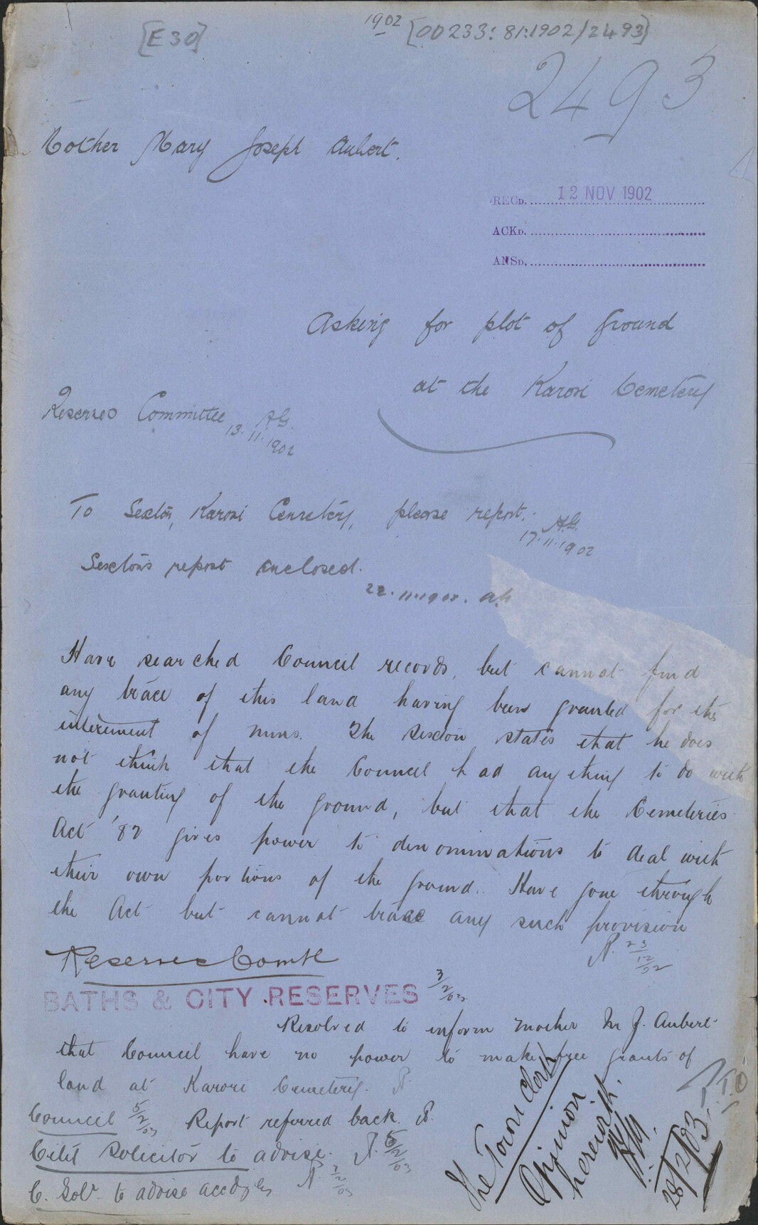Asking for plot of ground a the Karori Cemetery, Mother Mary Joesph Aubert