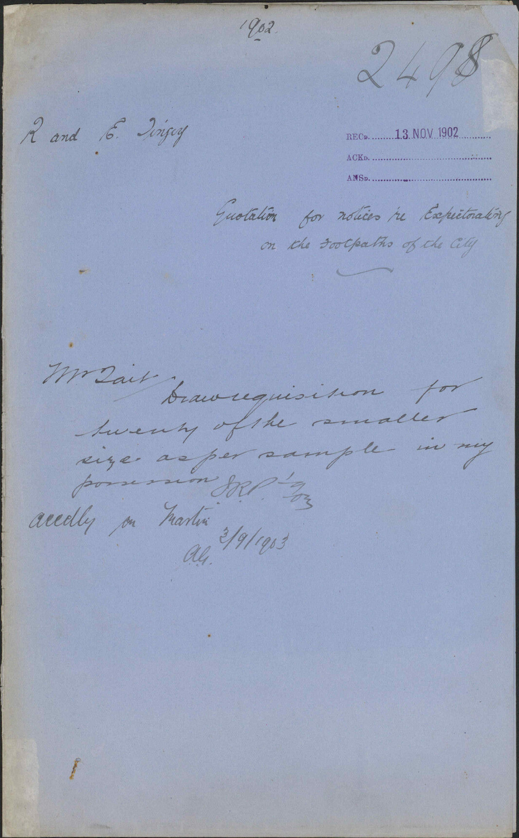 Quotation for notices re expectoratory on the footpaths of the city, R and E Tingay