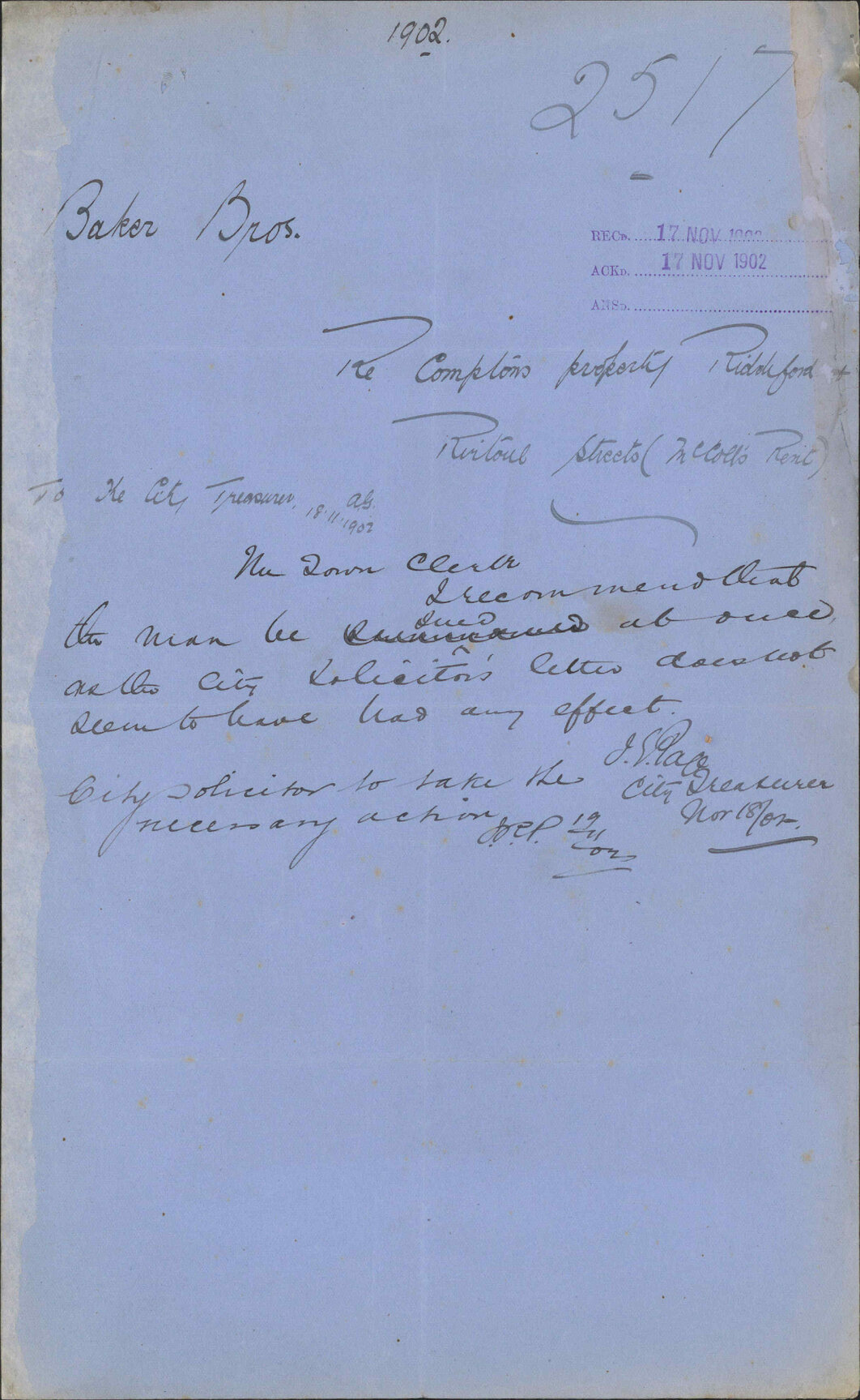 Re Compton's property Riddiford and Rintoul Streets (McColl's rent), Baker Bros.