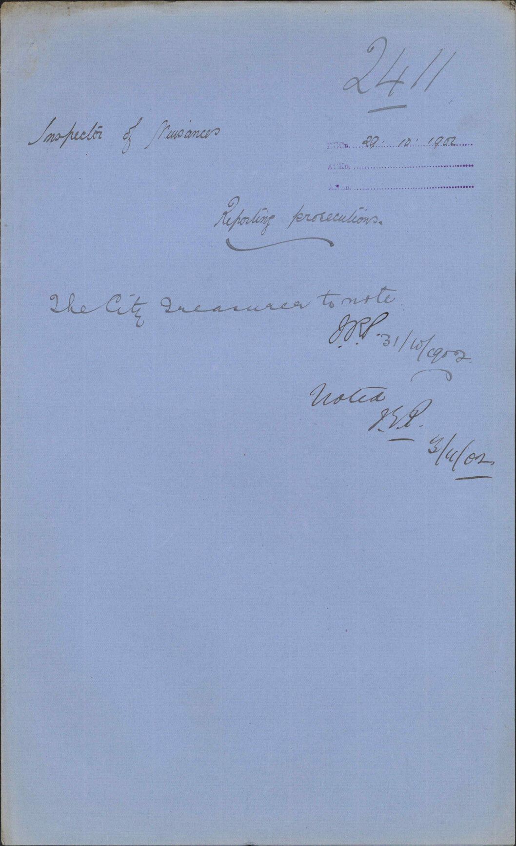Reporting prosecutions, Inspector of Nuisances