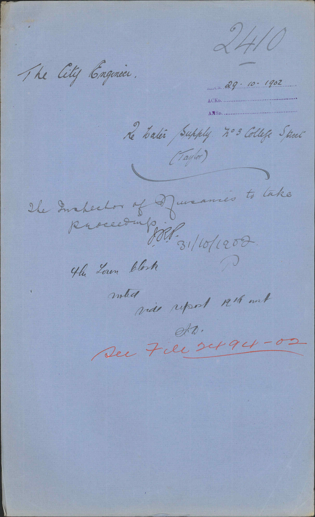 Re water supply no3 College Street (Taylor), City Engineer