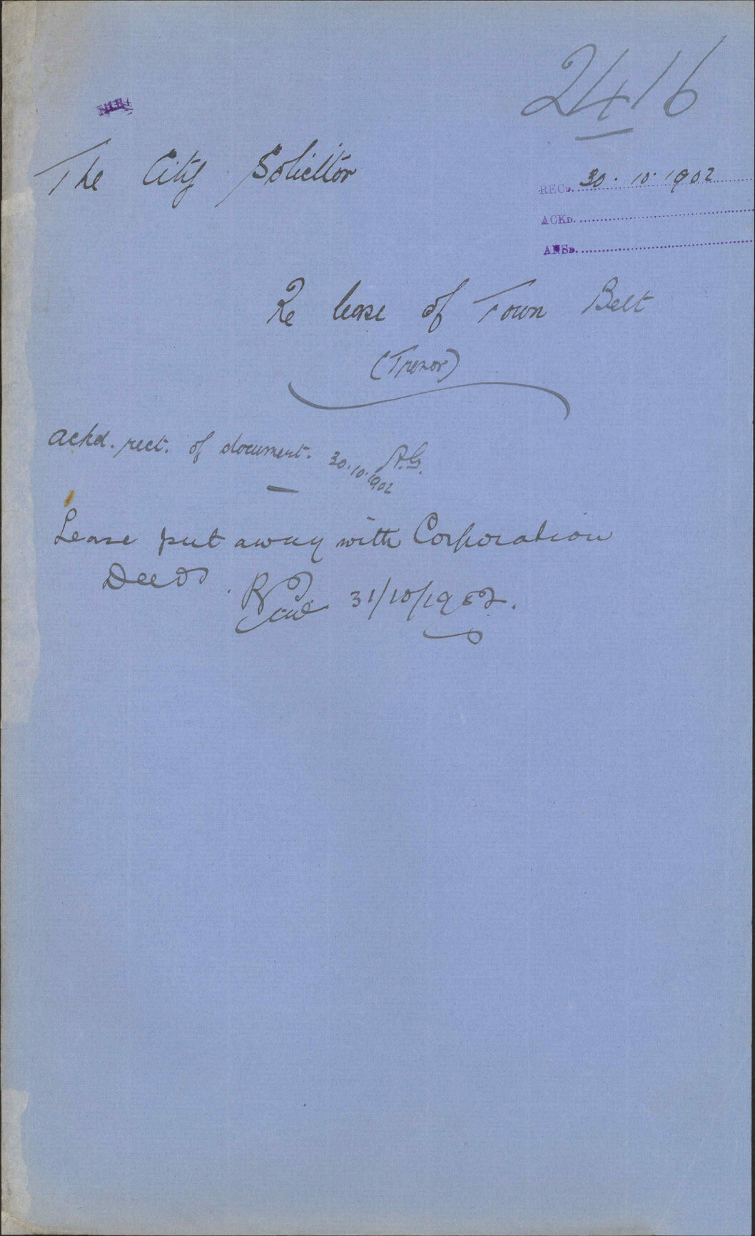 Re lease of Town Belt (Trezor), City Solicitor