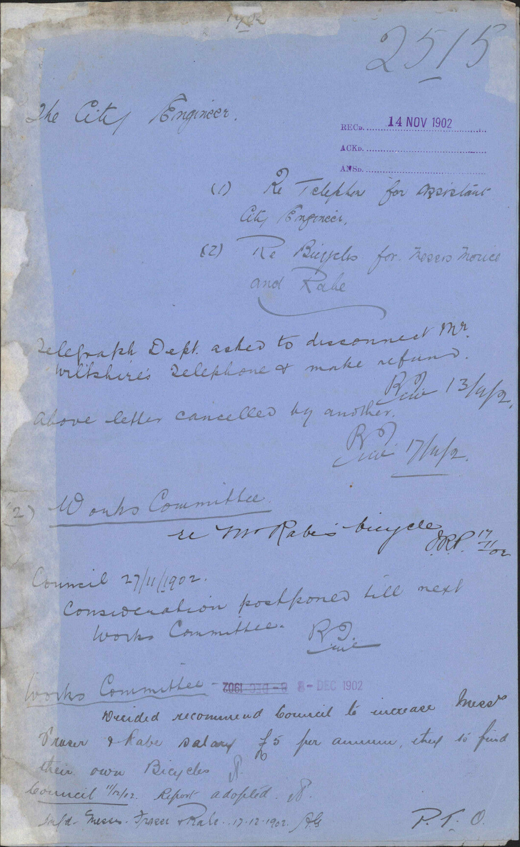 (1)Re telephone for assistant City Engineer (2) Re bicycle for Messrs Mouce and Rabe, City Engineer