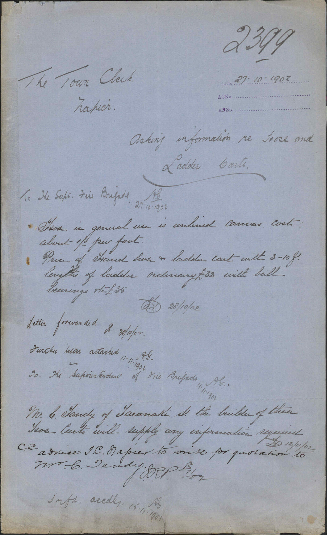 Asking information re horse and ladder carts, Town Clerk Napier