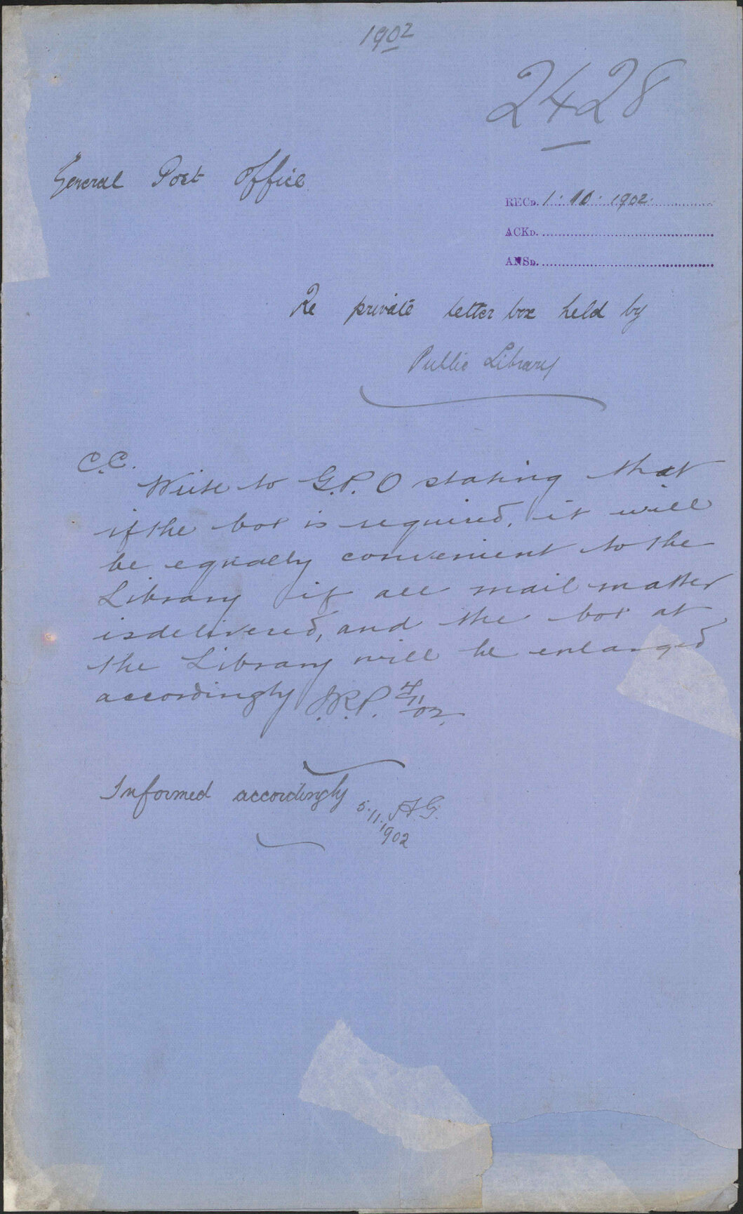 Re private letter box held by Public Library, General Post Office