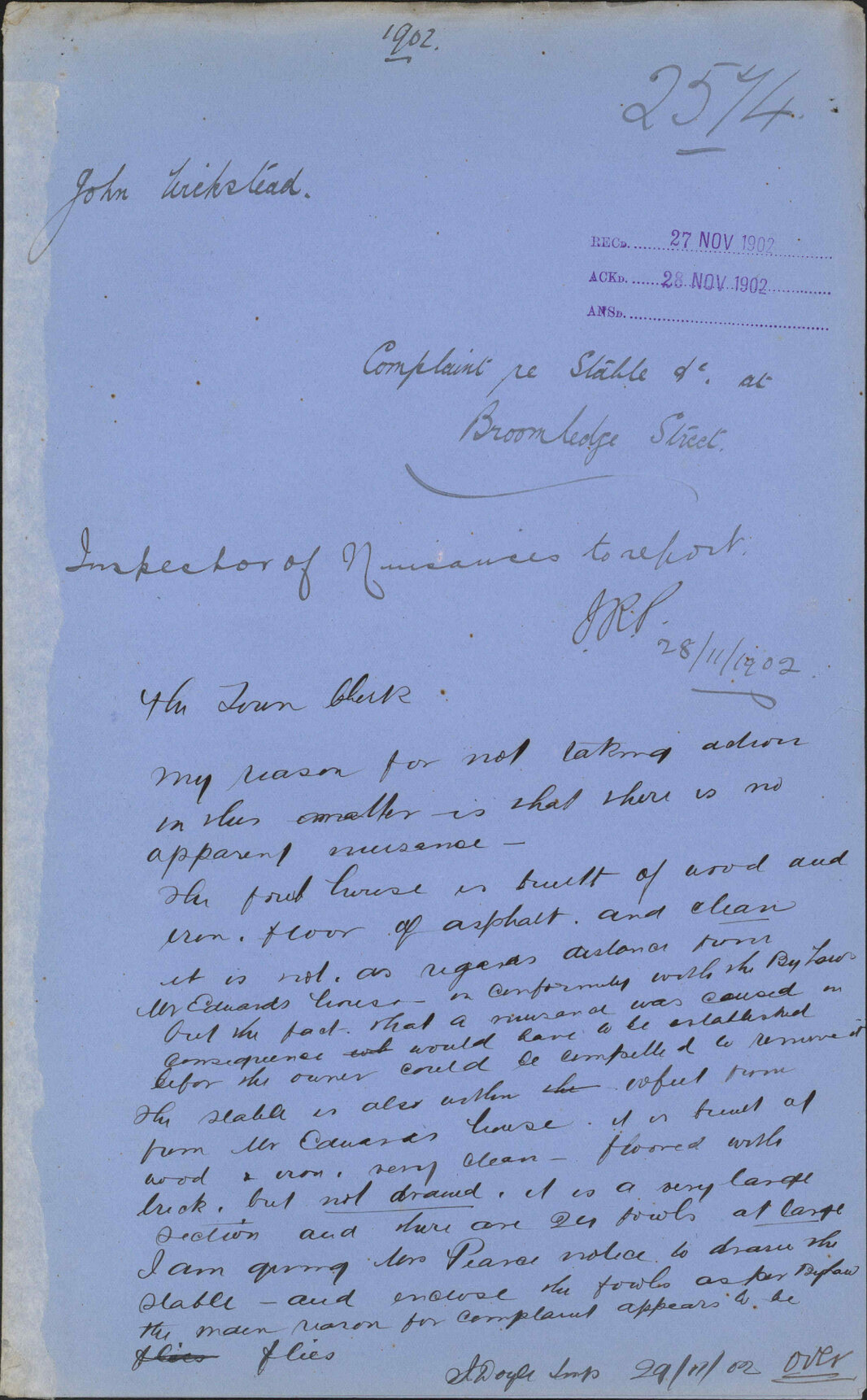 Complaint re stable etc at Broomhedge Street, John Wickstead
