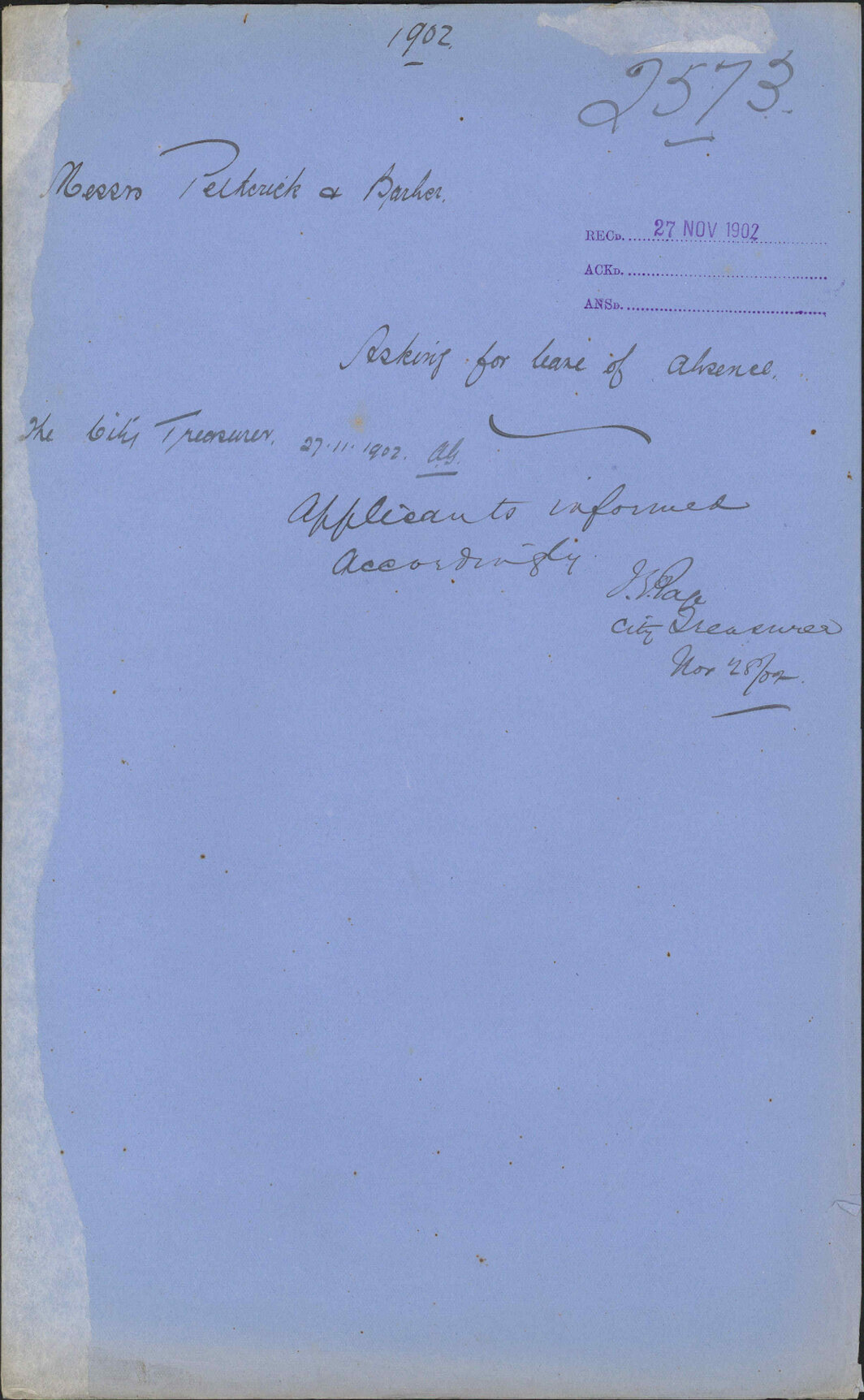 Asking for leave of absence, Messrs Peltwick and Barker